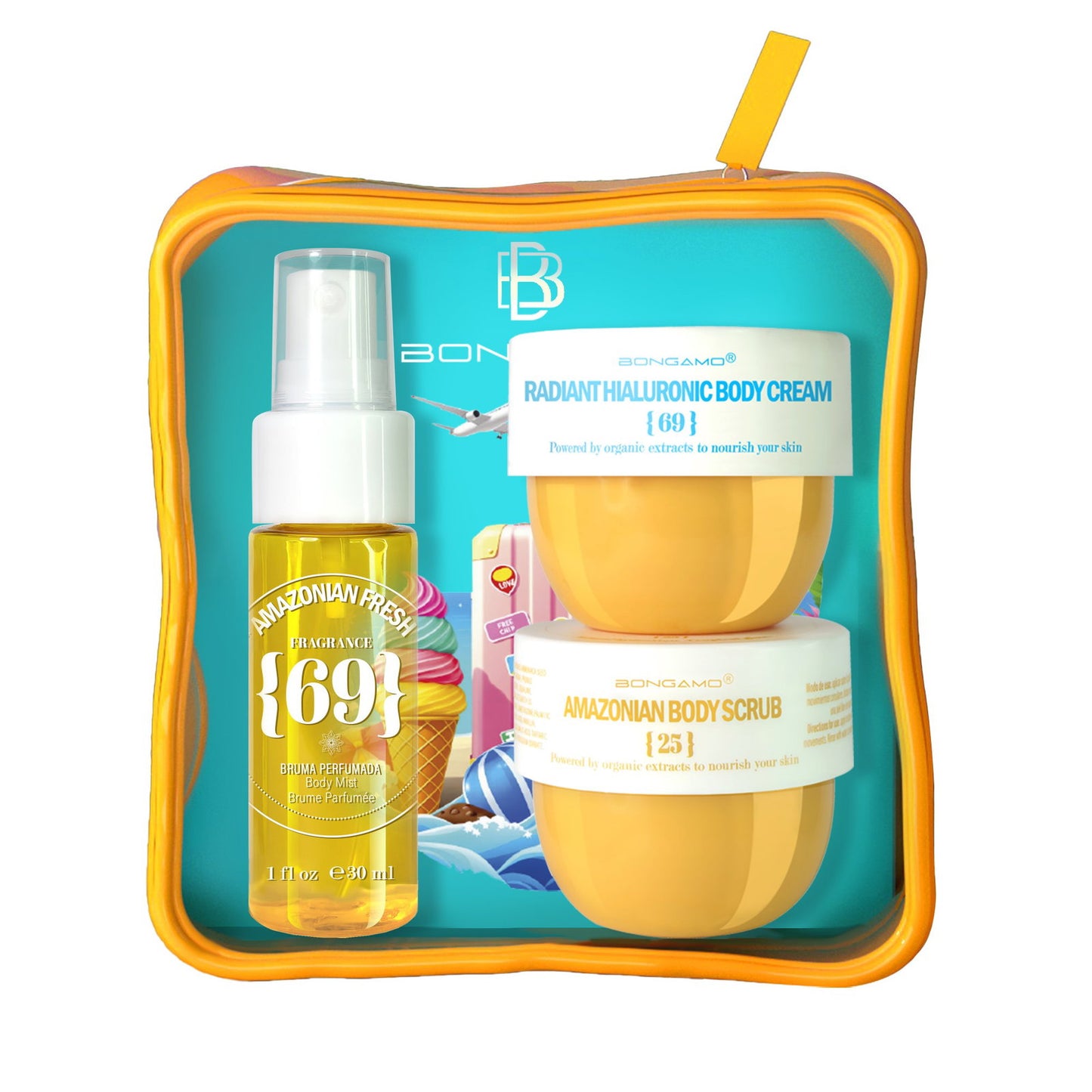 Set Bongamo: Amazonian Fresh 69, Refreshing, Body Spray, 30 ml + Amazonian Fresh 25, Smoothing, Body Scrub, 50 ml + Radiant Hialuronic, Radiance, Body Cream, Body, 50 ml