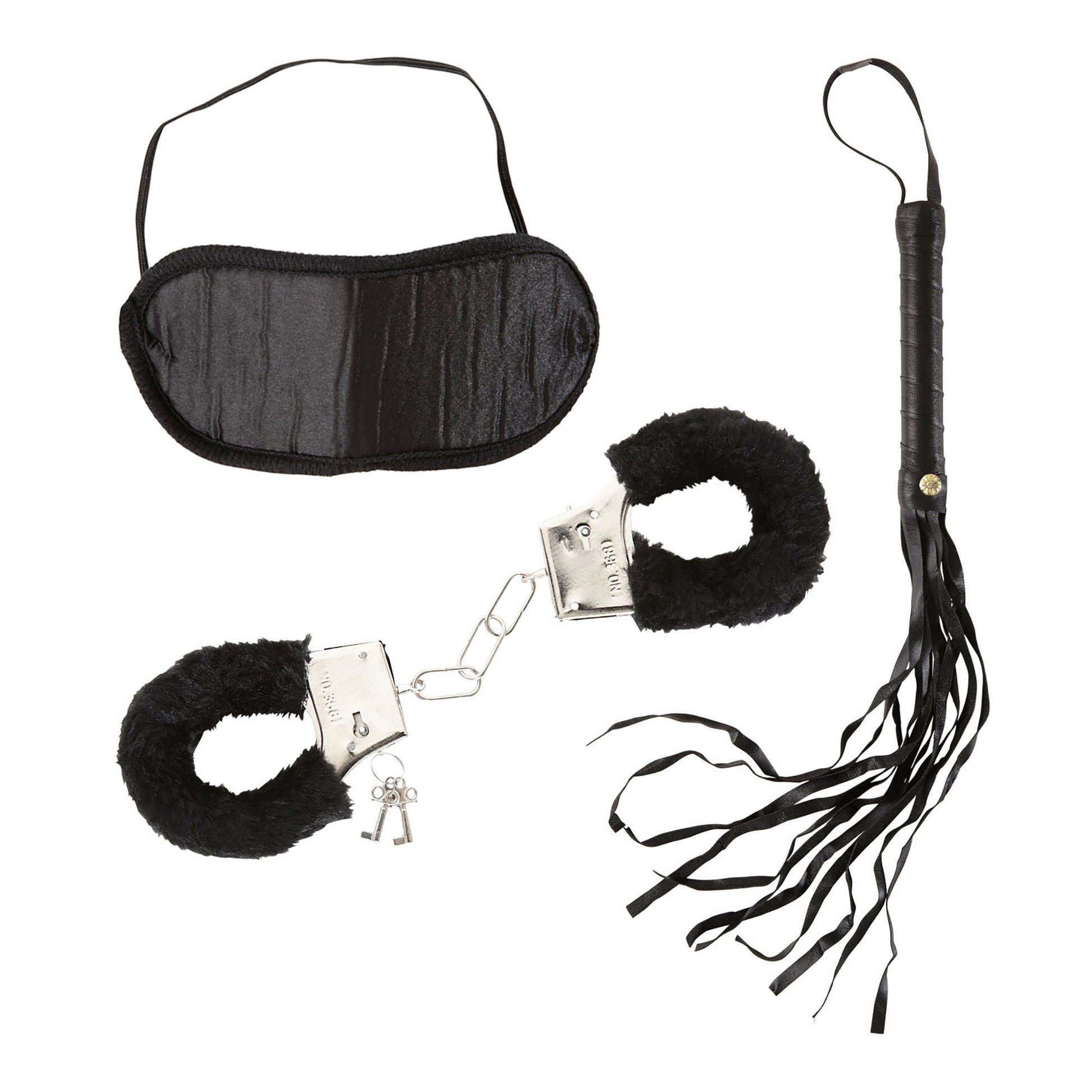 "SET DOMINATRIX" (Handschellen mit Plüsch, Augenbinde, Peitsche) – Vorderansicht