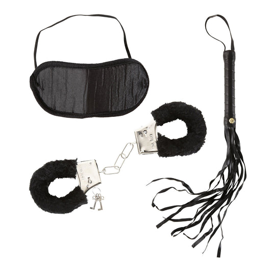 "SET DOMINATRIX" (Handschellen mit Plüsch, Augenbinde, Peitsche) – Vorderansicht