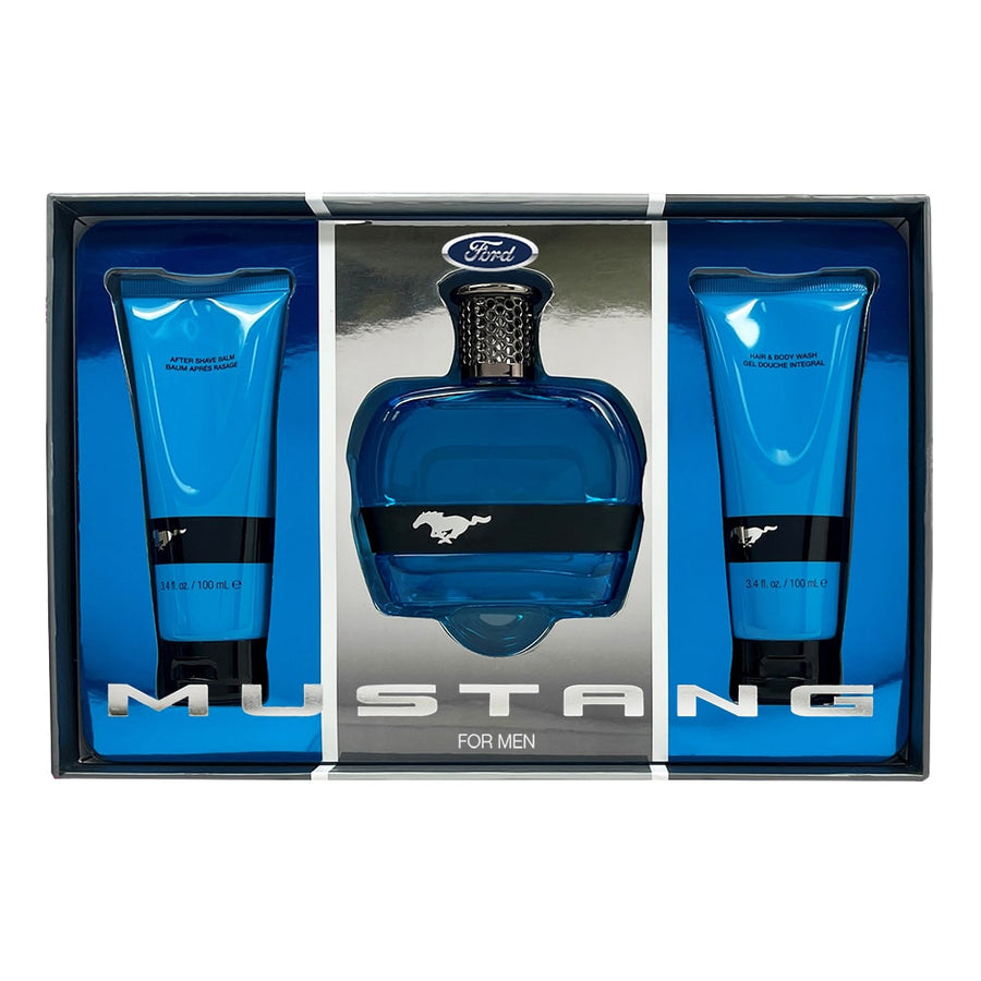 Ford Mustang Blue Geschenkset für Herren mit Eau de Toilette, After-Shave-Balsam und Duschgel, 3-teilig