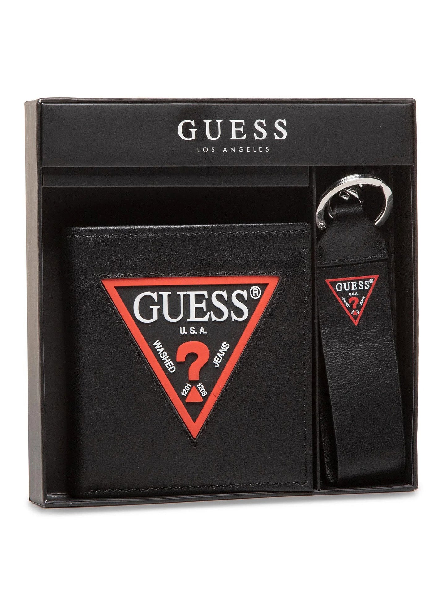 Set Guess: Guess, Leather Keyring, Black + Daelon, Leather Wallet, Small Billfold, Red/Black, For Men