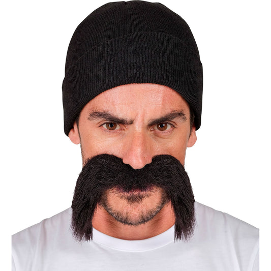 Widmann Kostüm Set Häftling Biker Mütze schwarz mit Schnurrbart – Produktansicht