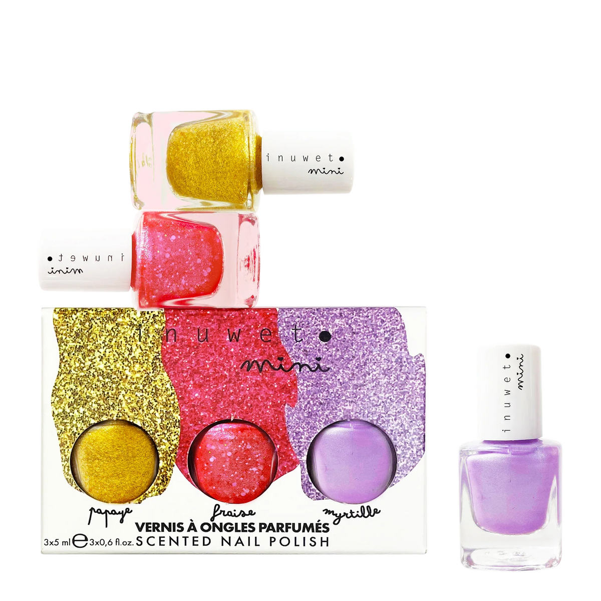Inuwet Nagellack-Set mit Papaye, Fraise und Myrtille, drei Miniaturen à 5 ml