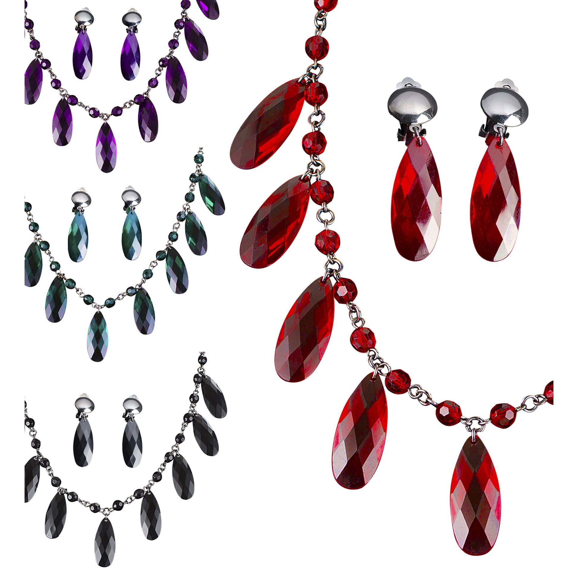 "SET KETTE UND GOTISCHE OHRRINGE" in 4 Farben sort. (6 rot, 2 schwarz, 2 lila, 2 grün) – Vorderansicht