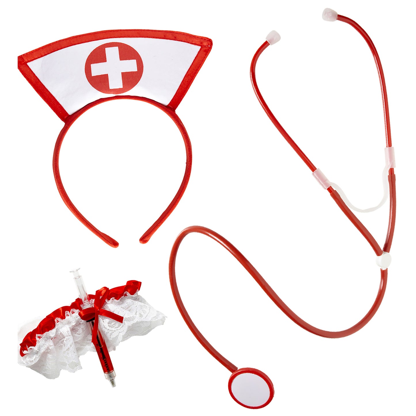 "SET KRANKENSCHWESTER" (Haube, Strumpfband mit Spritze, Stethoskop) – Vorderansicht