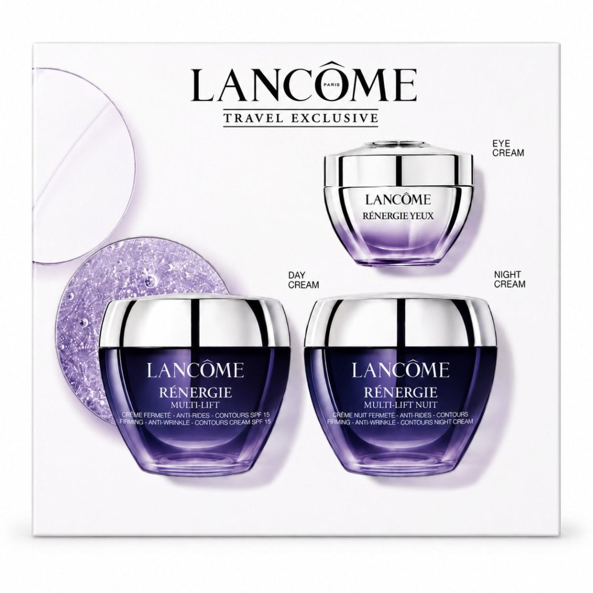 Set Lancome: Renergie Multi Lift, Anti-Wrinkle, Night, Cream, For Face, 50 ml + Renergie Multi Lift, Anti-Wrinkle, Day, Cream, For Face, SPF 15, 50 ml + Renergie Yeux, Anti-Aging, Daily, Eye Cream, 15 ml