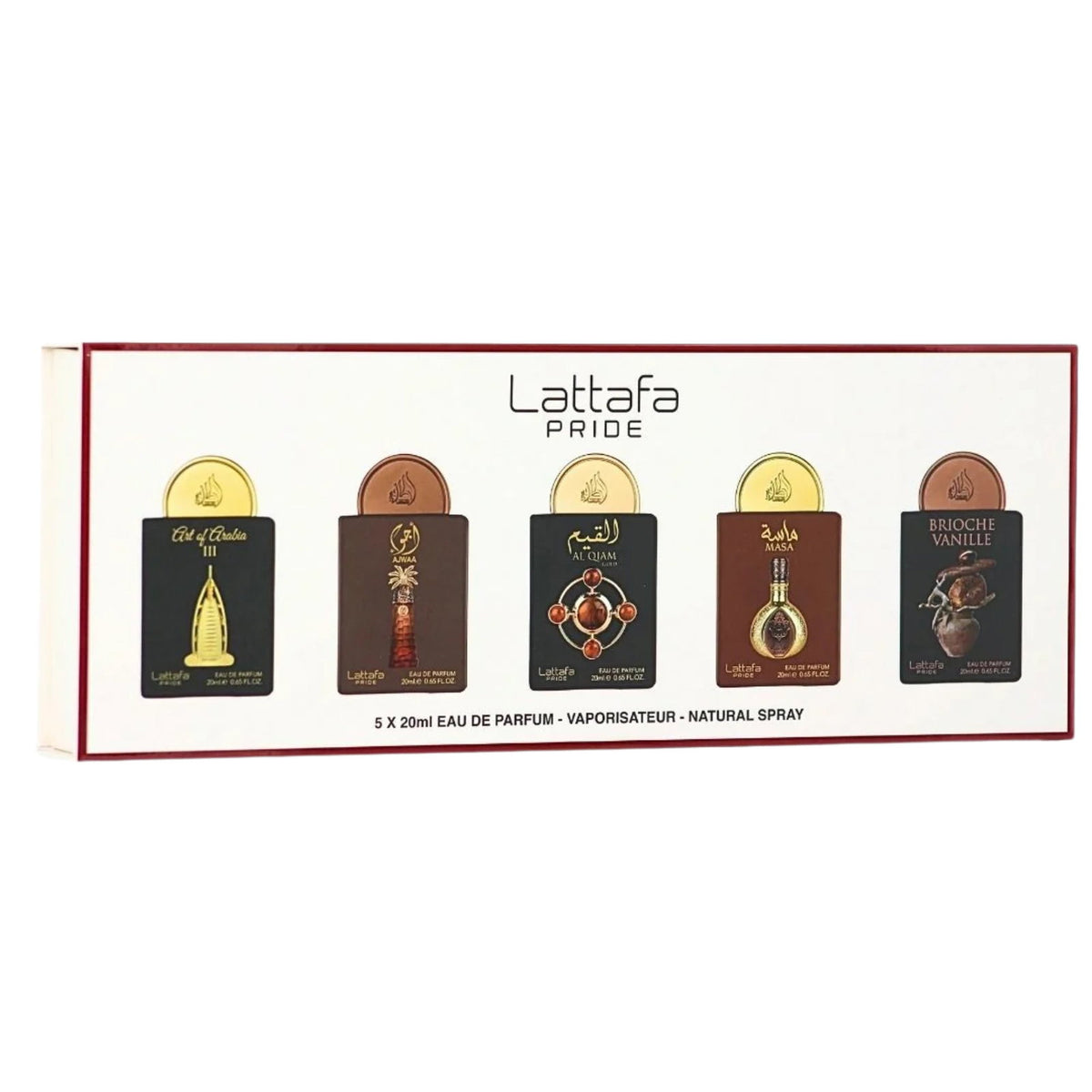 Set Lattafa: Art Of Arabia III, Eau De Parfum, For Women, 20 ml + Ajwaa, Eau De Parfum, For Women, 20 ml + Al Qiam Gold, Eau De Parfum, For Women, 20 ml + Masa, Eau De Parfum, For Women, 20 ml + Brioche Vanille, Eau De Parfum, For Women, 20 ml