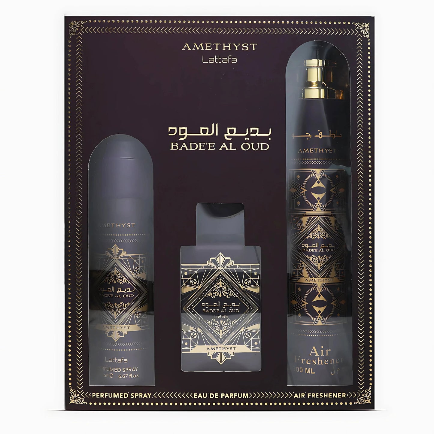 Lattafa Parfümset Set Lattafa: Bade'e al Oud Amethyst, Eau De Parfum, For Men, 100 ml + Bade'e al Oud Amethyst, Body Spray, 2
