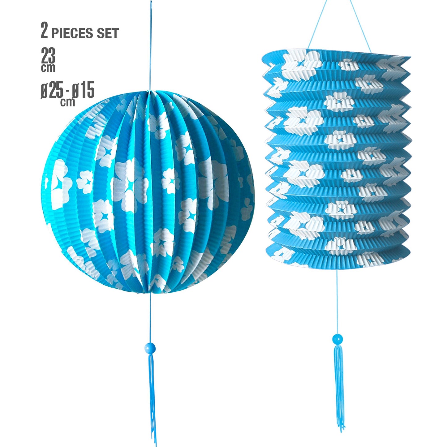 "SET MIT BLAUEM BLUMEN LAMPINION Ø 25 cm & BLUMEN LATERNE Ø 15 cm - 23 cm hoch" – Vorderansicht