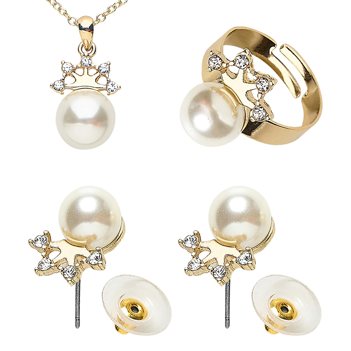 "SET MIT GOLDENER KETTE, OHRRINGE UND RING MIT PERLEN UND STRASSKRONE" – Vorderansicht