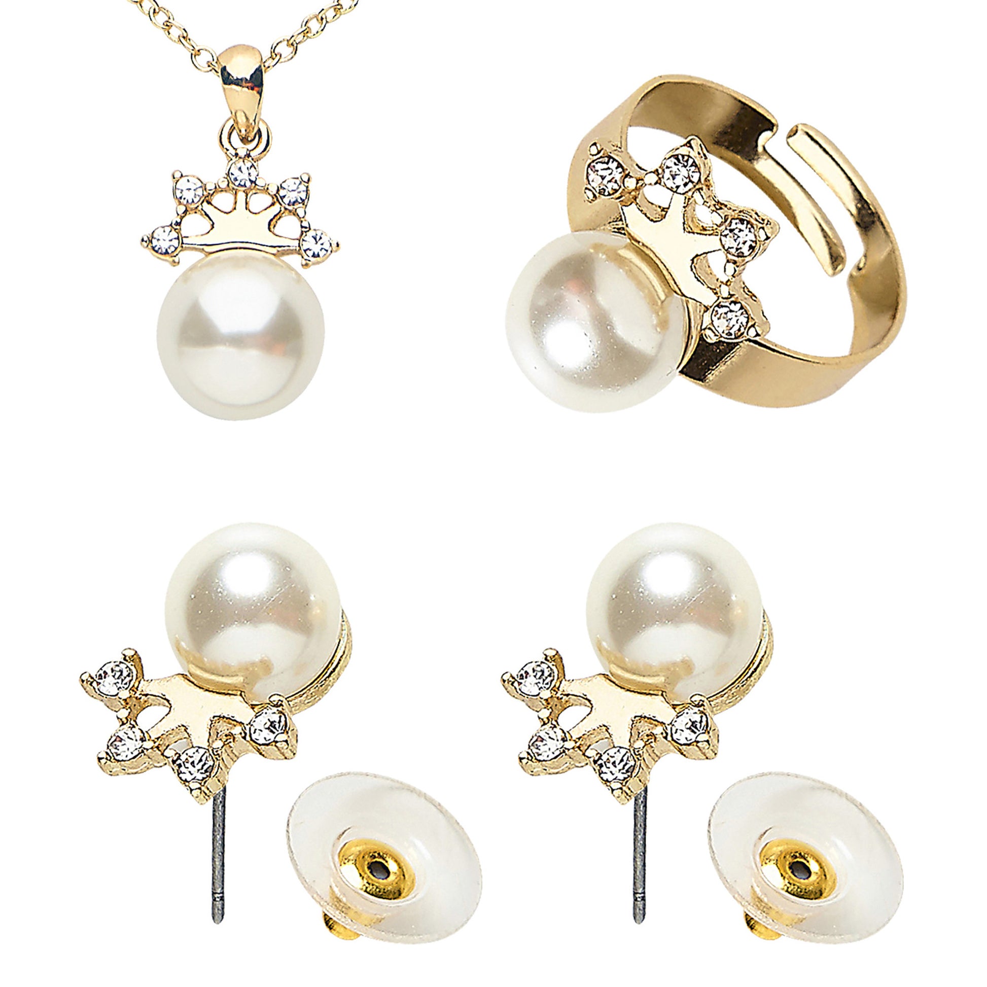 "SET MIT GOLDENER KETTE, OHRRINGE UND RING MIT PERLEN UND STRASSKRONE" – Vorderansicht