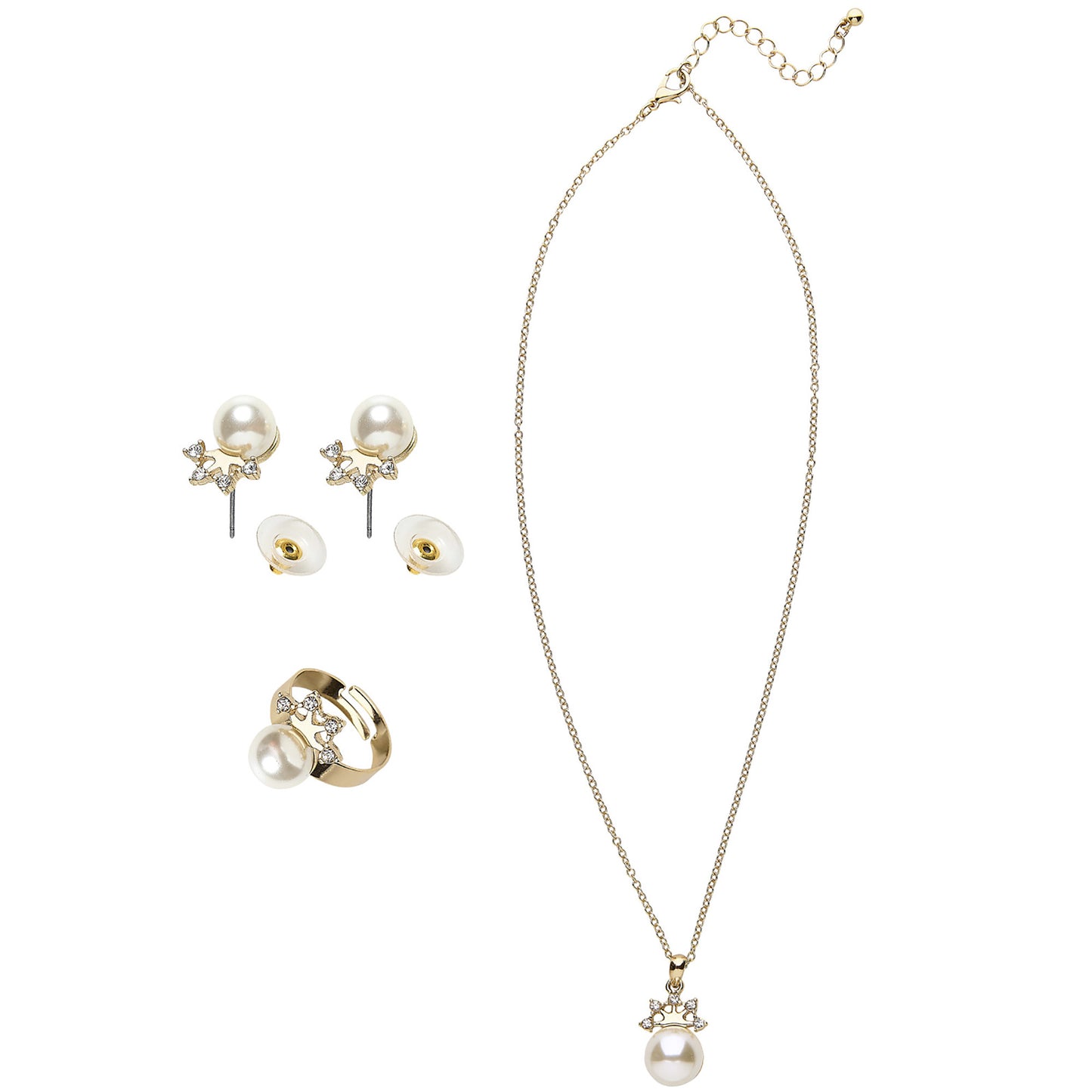 "SET MIT GOLDENER KETTE, OHRRINGE UND RING MIT PERLEN UND STRASSKRONE" – Detailansicht