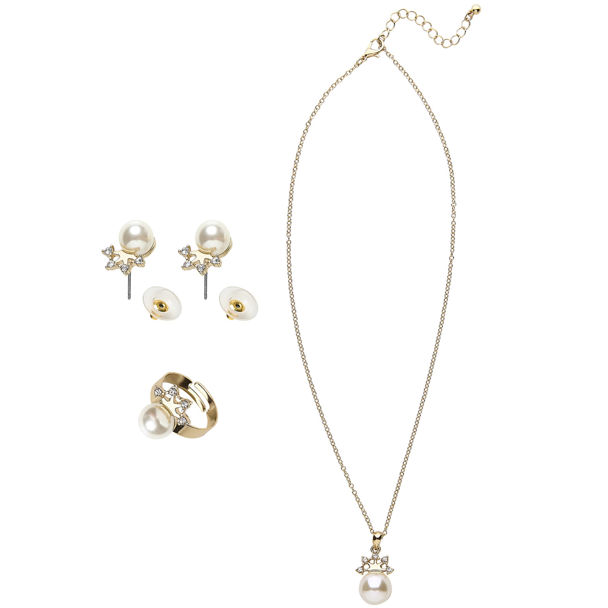 "SET MIT GOLDENER KETTE, OHRRINGE UND RING MIT PERLEN UND STRASSKRONE" – Detailansicht