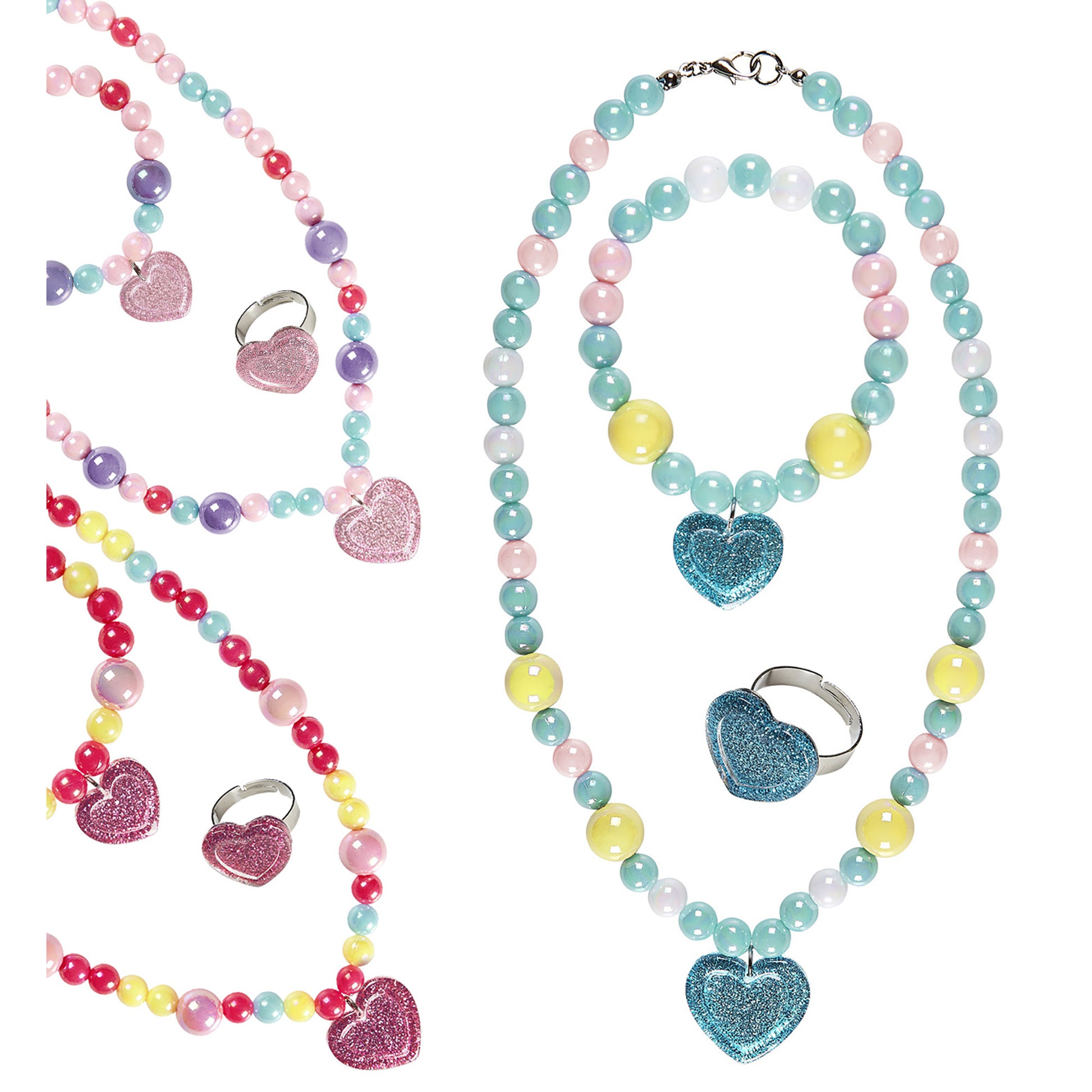 "SET MIT KETTE, OHRRINGE UND RING MIT PERLEN UND HERZ" sort. In 3 Farben – Vorderansicht