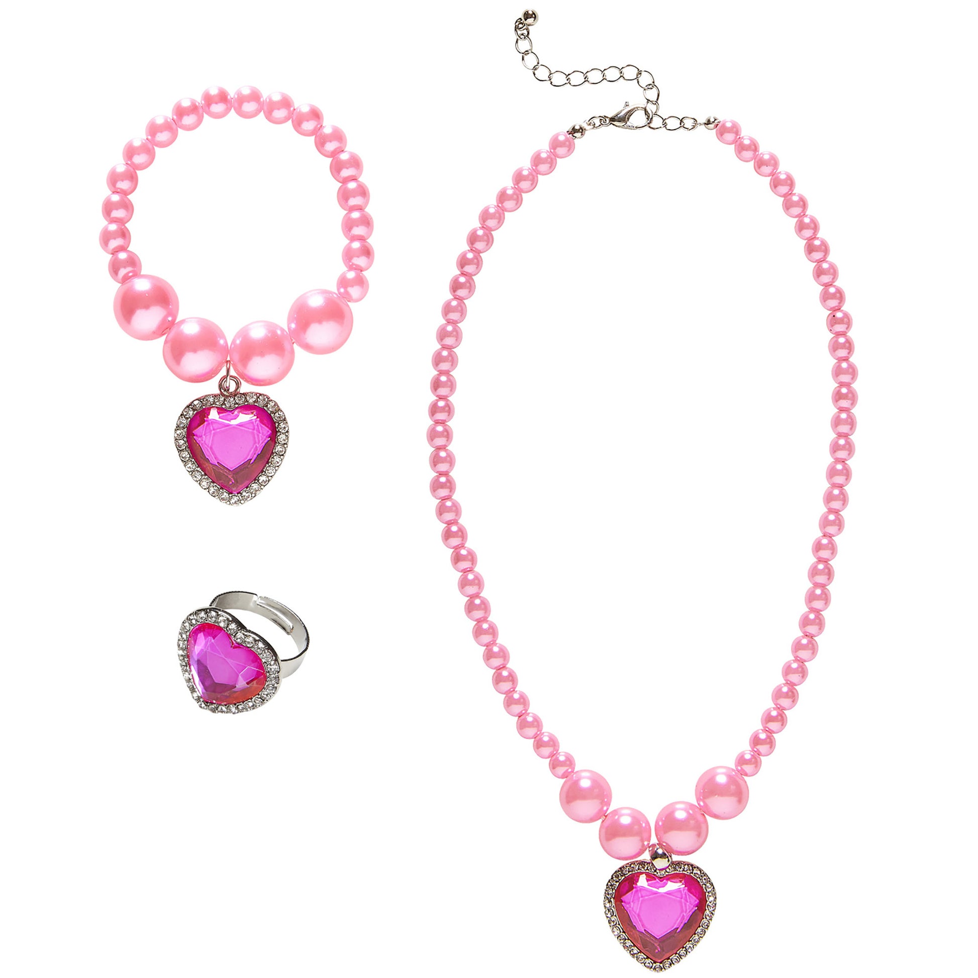 "SET MIT ROSAFARBENER PERLENKETTE,OHRRINGE UND RING MIT PERLEN UND HERZJUWEL" – Detailansicht