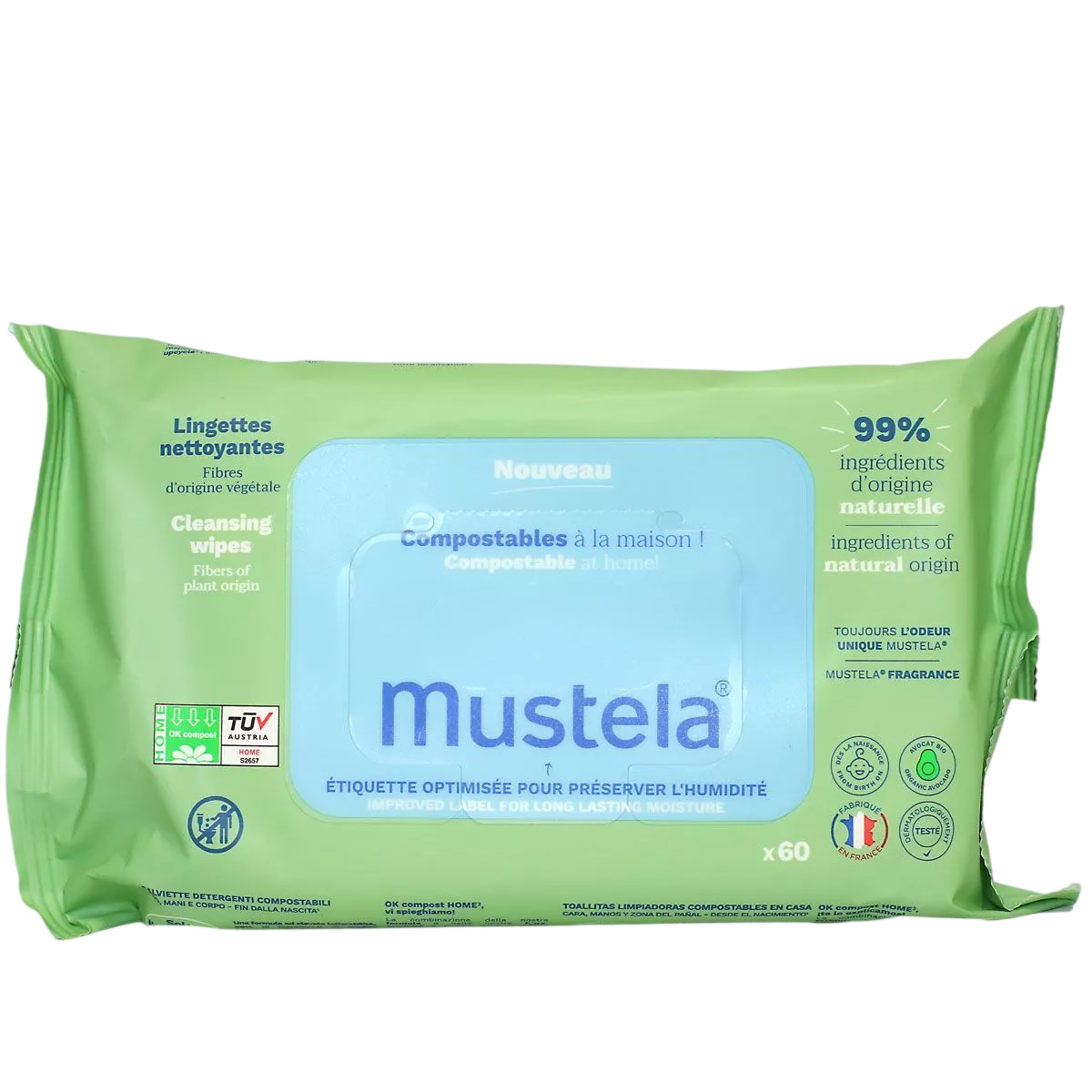 Mustela Setzen, Mustela, Compostable, Avocado, Reinigungstücher, 60 stk Regular