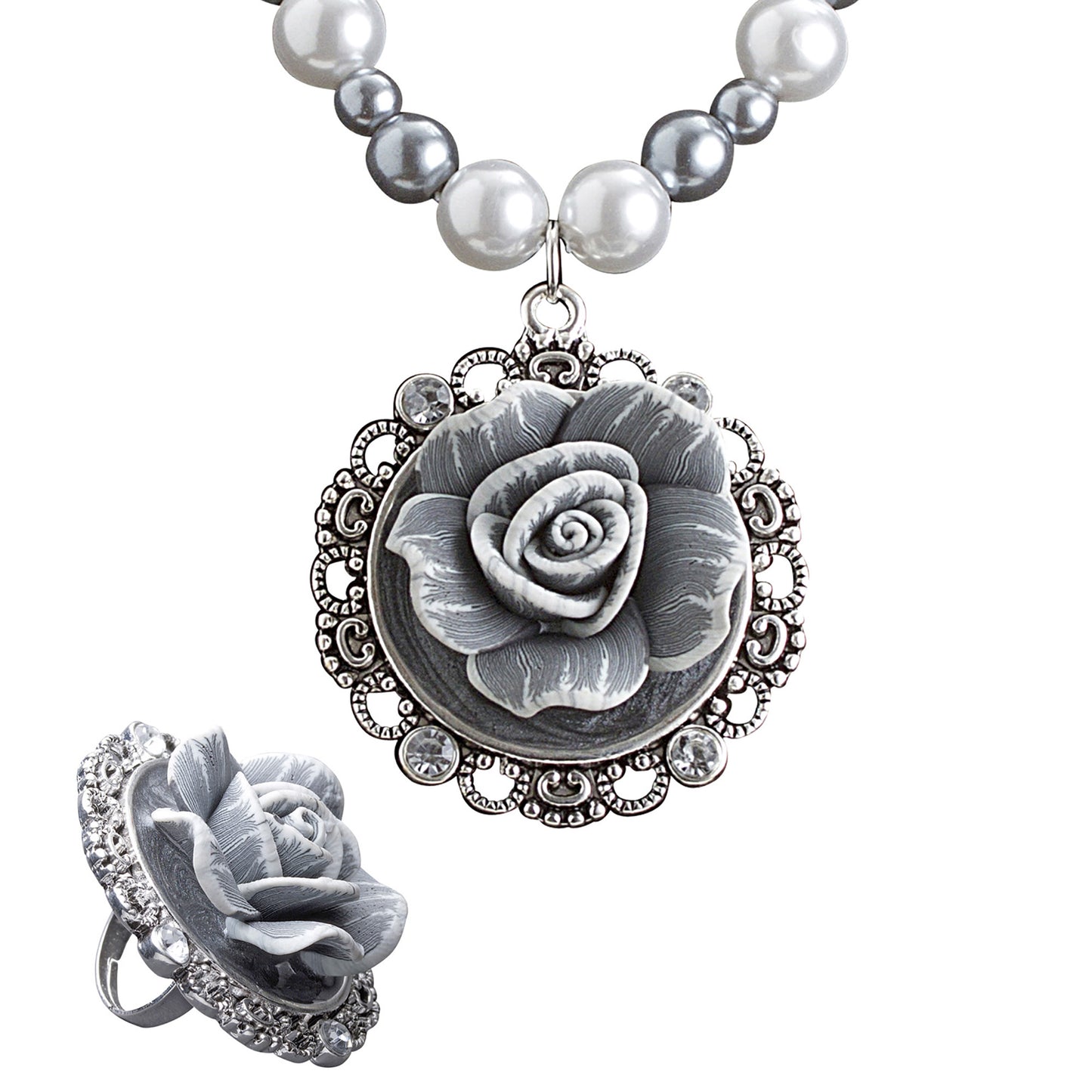 "SET PERLENKETTE UND RING MIT KAMEEROSEN UND BAROCKSTRASS" – Vorderansicht