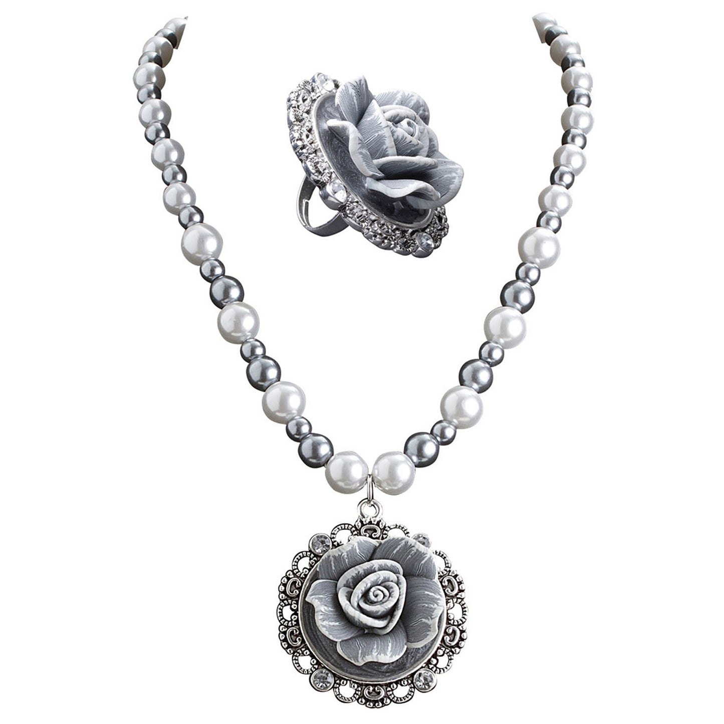 "SET PERLENKETTE UND RING MIT KAMEEROSEN UND BAROCKSTRASS" – Detailansicht