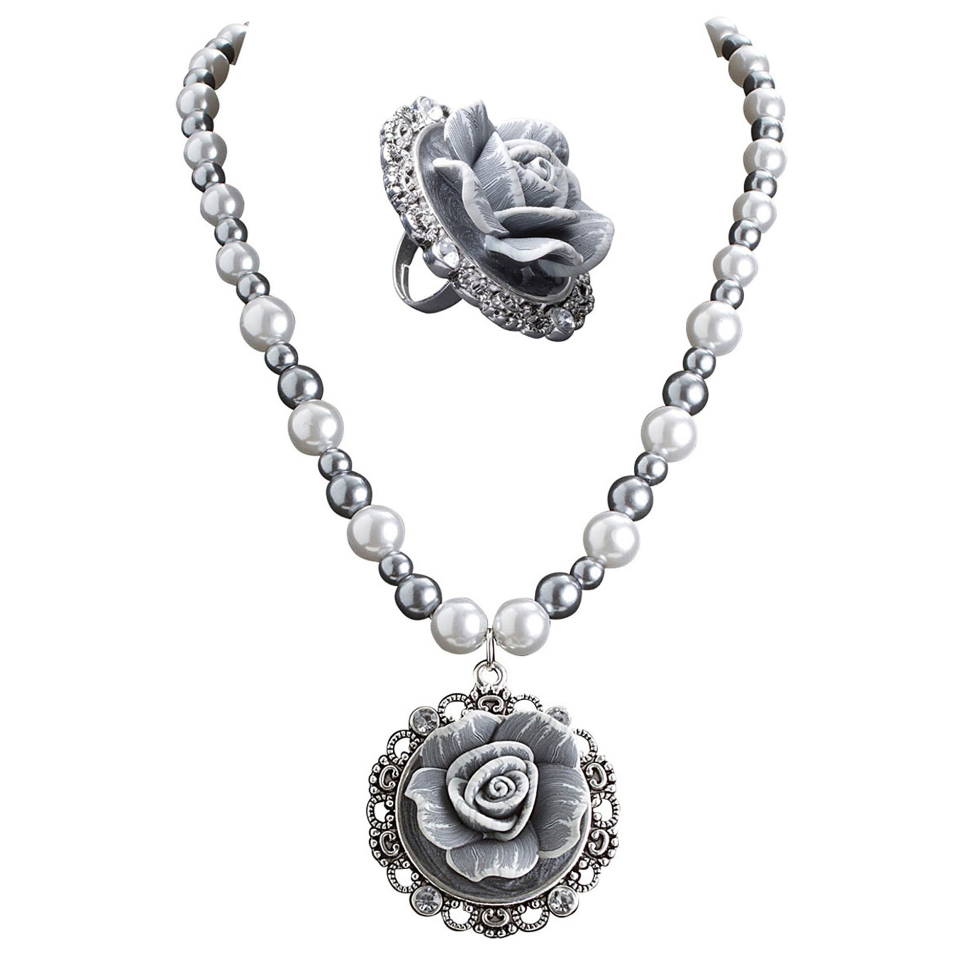 "SET PERLENKETTE UND RING MIT KAMEEROSEN UND BAROCKSTRASS" – Detailansicht