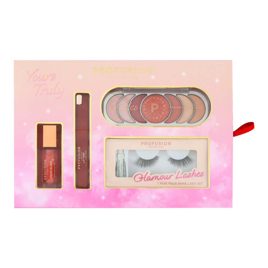 Profusion Cosmetics Make-up-Set mit Liquid Blush, Lip Tint, Nudes-Lidschattenpalette und Glamour Lashes