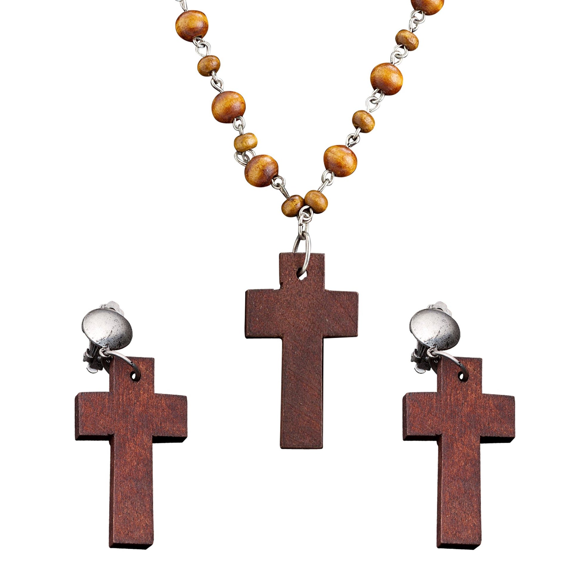 "SET ROSENKRANZ UND OHRRINGE HOLZKREUZ" – Vorderansicht