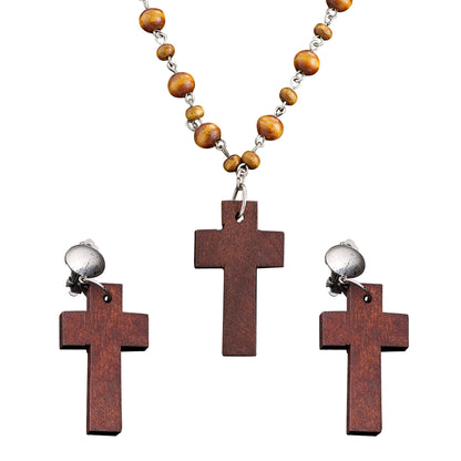 "SET ROSENKRANZ UND OHRRINGE HOLZKREUZ" – Vorderansicht