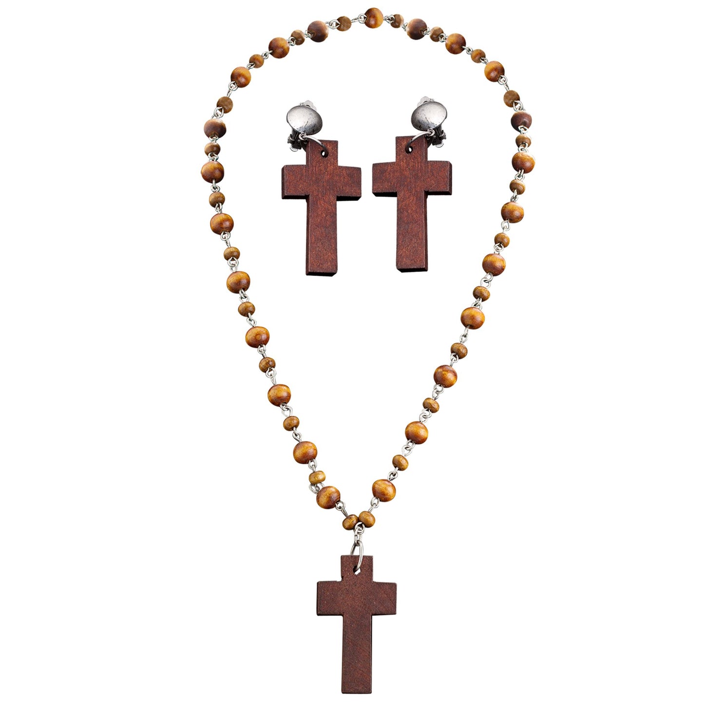 "SET ROSENKRANZ UND OHRRINGE HOLZKREUZ" – Detailansicht