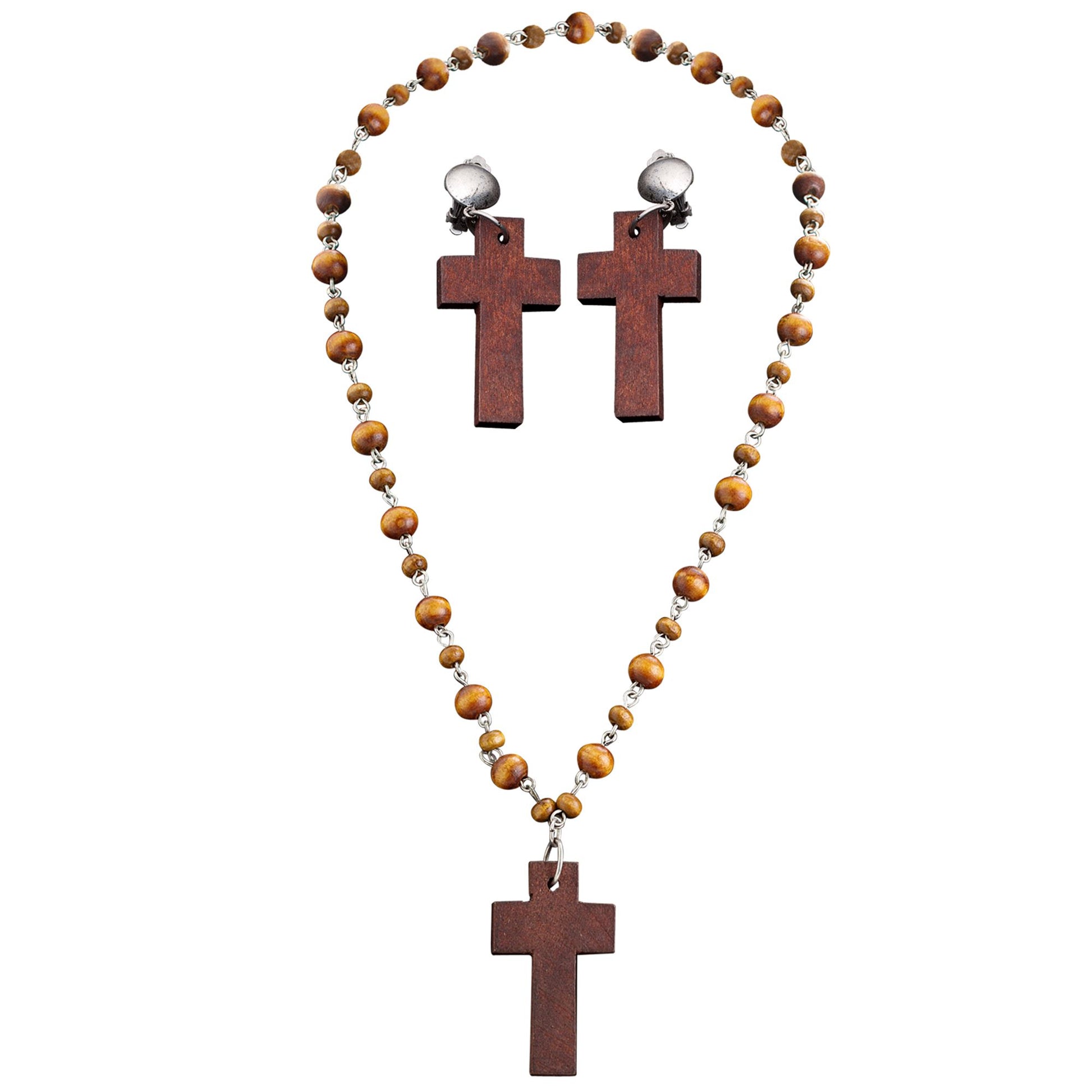 "SET ROSENKRANZ UND OHRRINGE HOLZKREUZ" – Detailansicht