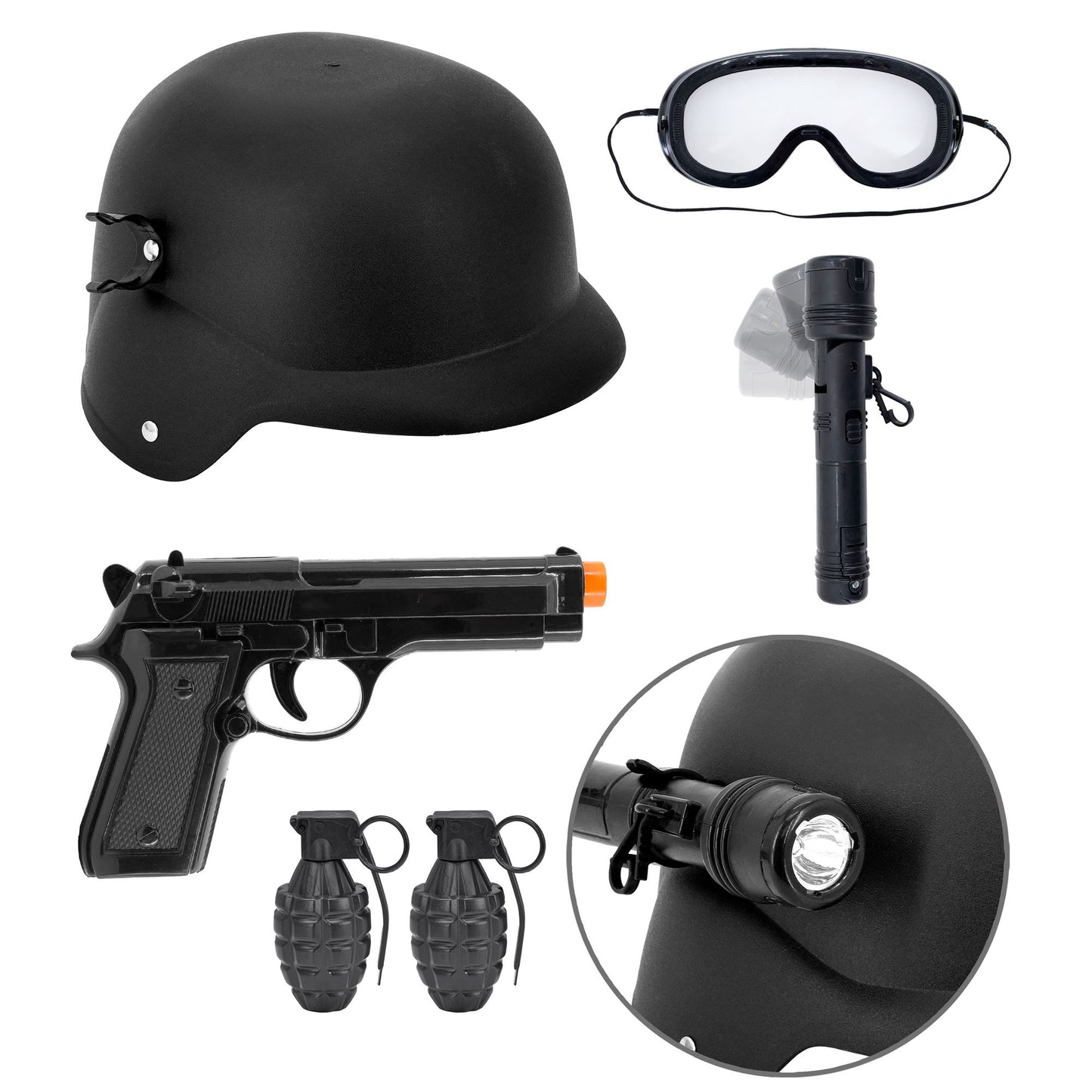 Widmann S.W.A.T. Set Helm mit taktischer Brille und Taschenlampe, Pistole, 2 Handbomben Zubehör schwarz – Produktansicht