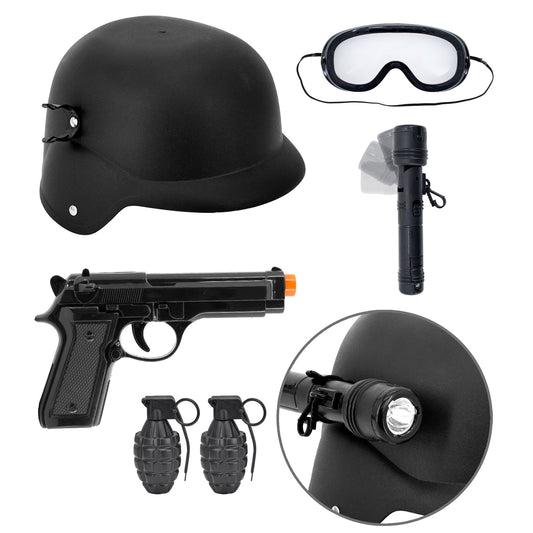 Widmann S.W.A.T. Set Helm mit taktischer Brille und Taschenlampe, Pistole, 2 Handbomben Zubehör schwarz – Produktansicht