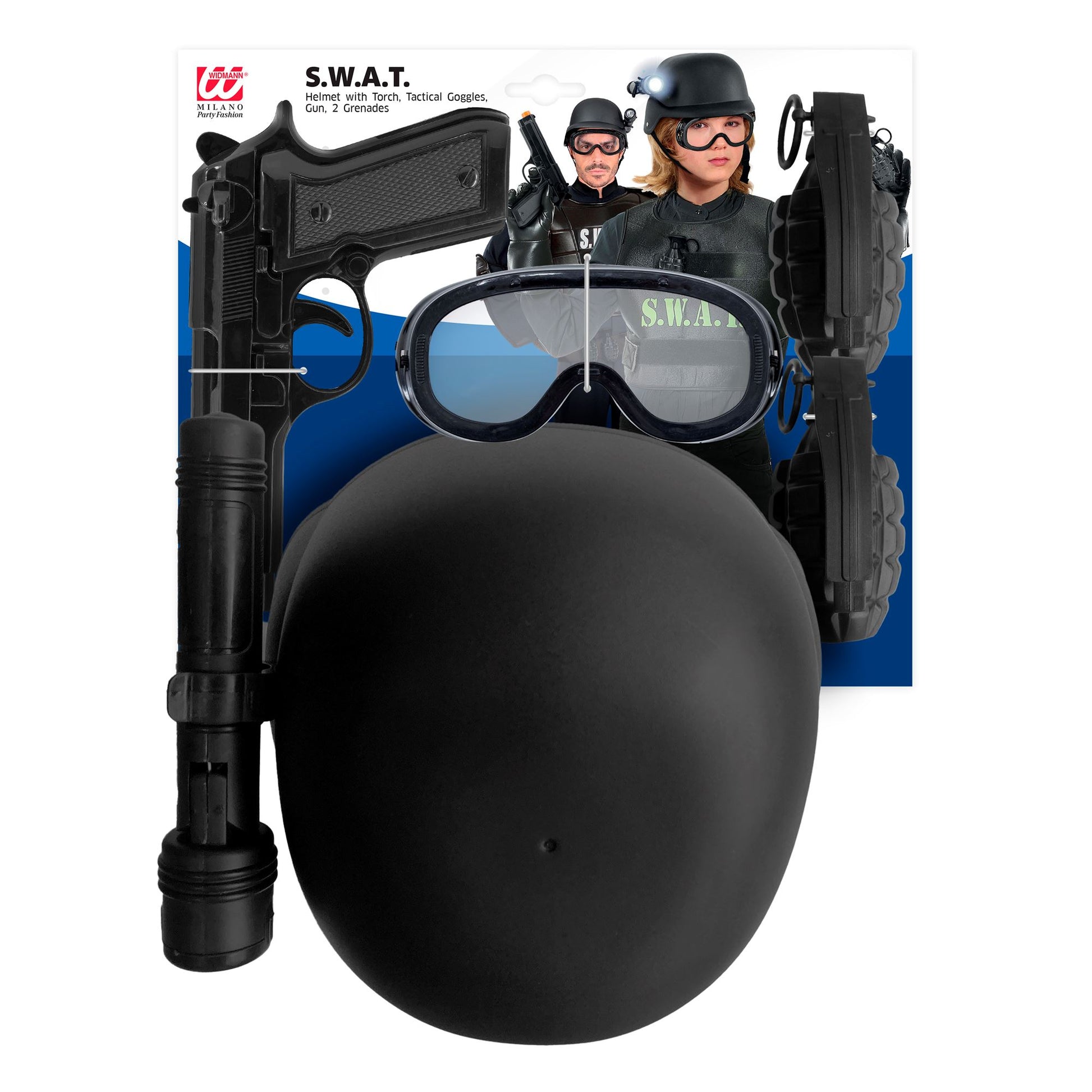 Widmann S.W.A.T. Set Helm mit taktischer Brille und Taschenlampe, Pistole, 2 Handbomben Zubehör schwarz – Detailansicht