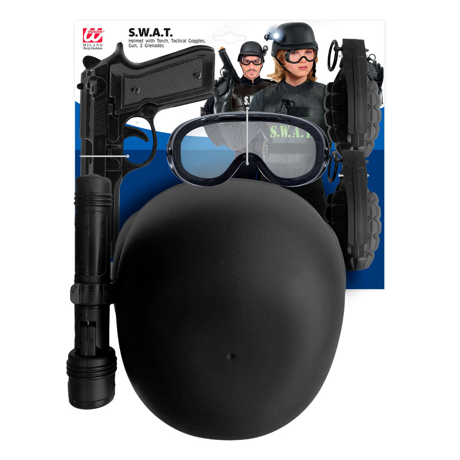 Widmann S.W.A.T. Set Helm mit taktischer Brille und Taschenlampe, Pistole, 2 Handbomben Zubehör schwarz – Detailansicht