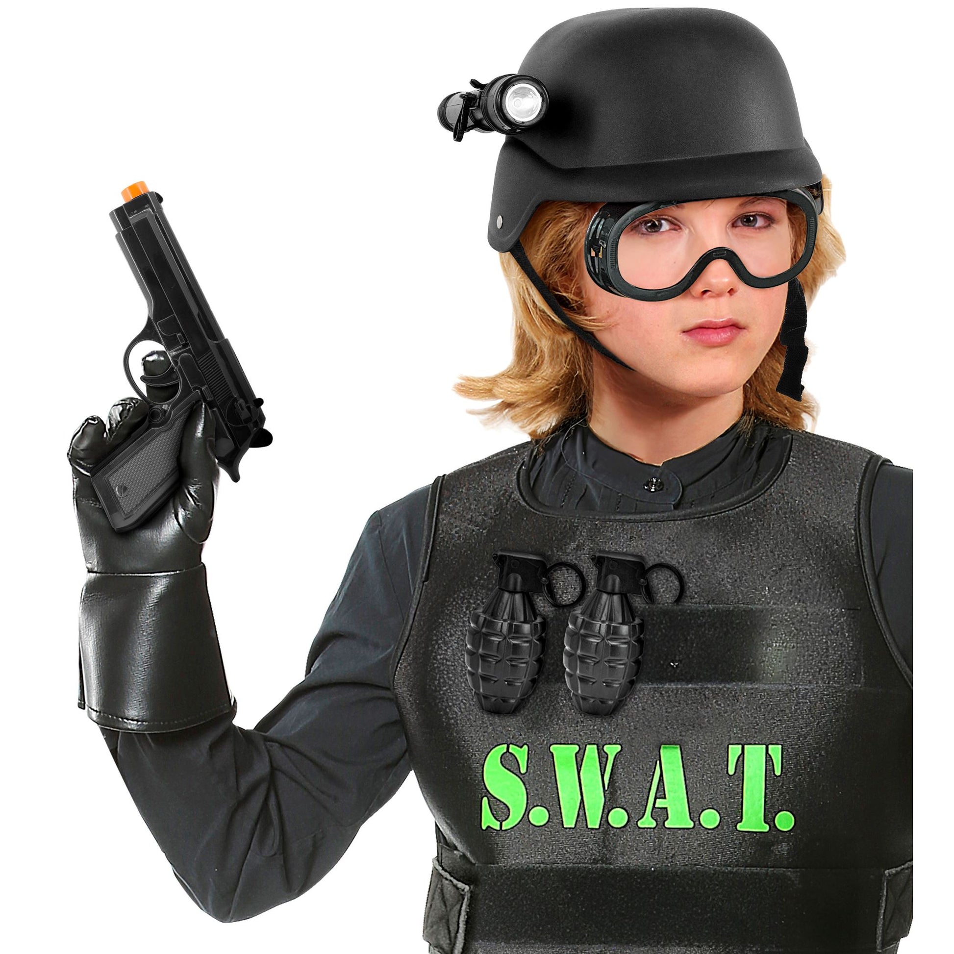 Widmann S.W.A.T. Set Helm mit taktischer Brille und Taschenlampe, Pistole, 2 Handbomben Zubehör schwarz – Seitenansicht