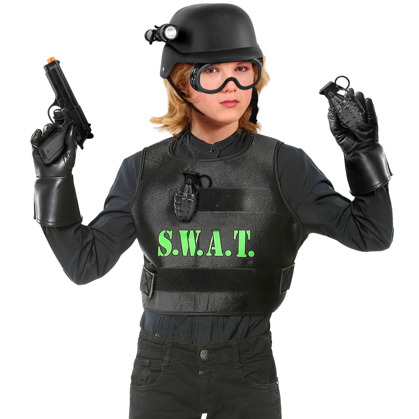 Widmann S.W.A.T. Set Helm mit taktischer Brille und Taschenlampe, Pistole, 2 Handbomben Zubehör schwarz – Rückansicht