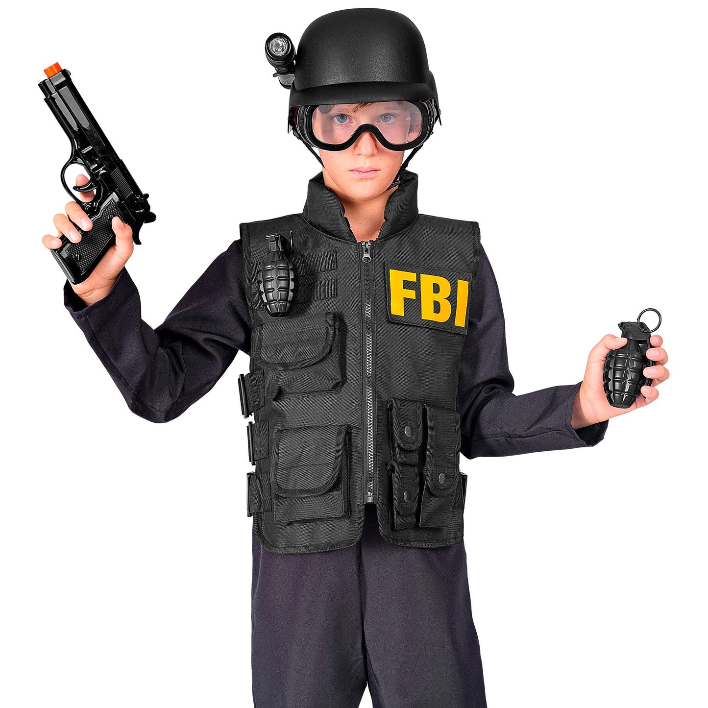 Widmann S.W.A.T. Set Helm mit taktischer Brille und Taschenlampe, Pistole, 2 Handbomben Zubehör schwarz – Verpackung