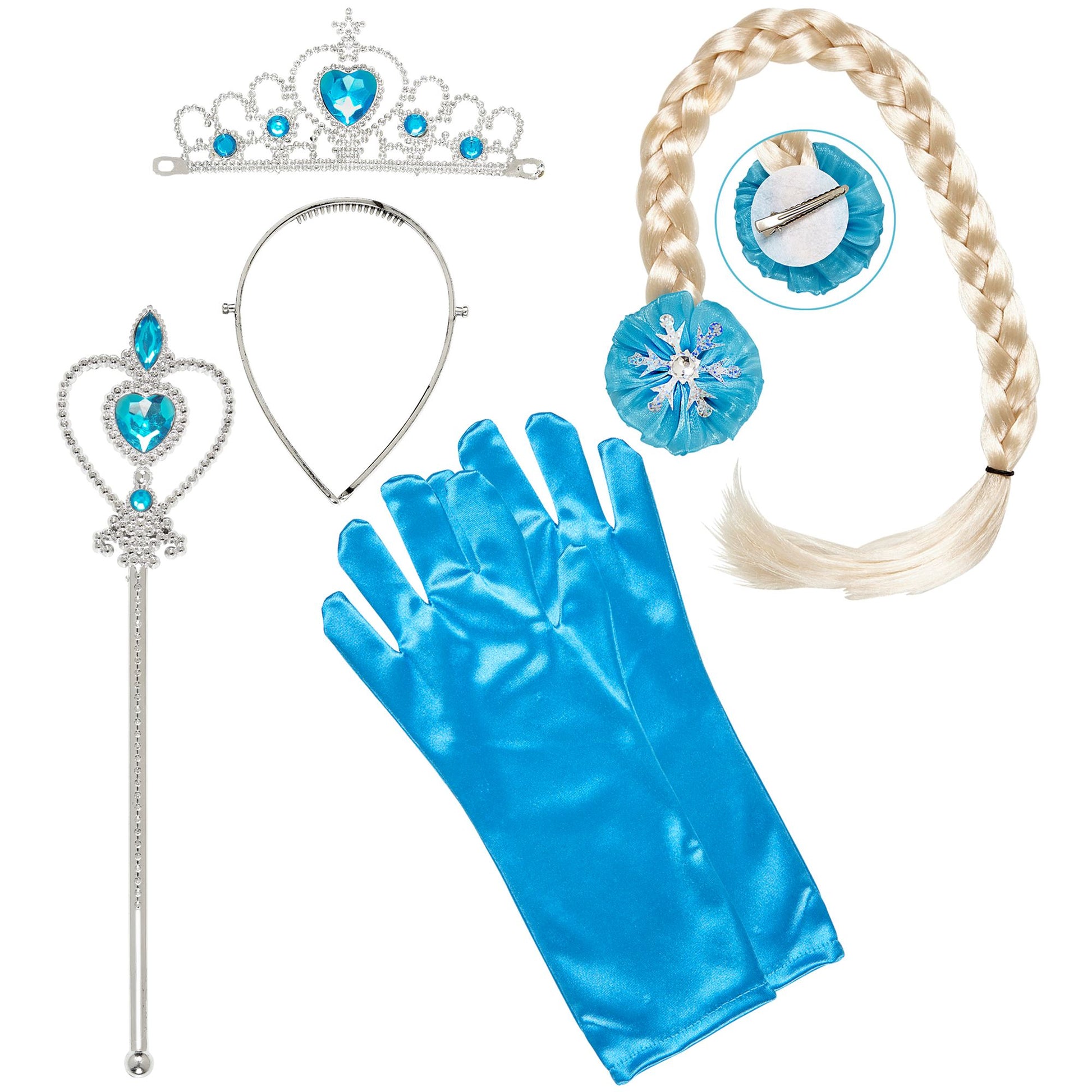"SET SCHNEEPRINZESSIN" (Tiara, Zopf, Handschuhe, Prinzessinnenstab) – Vorderansicht