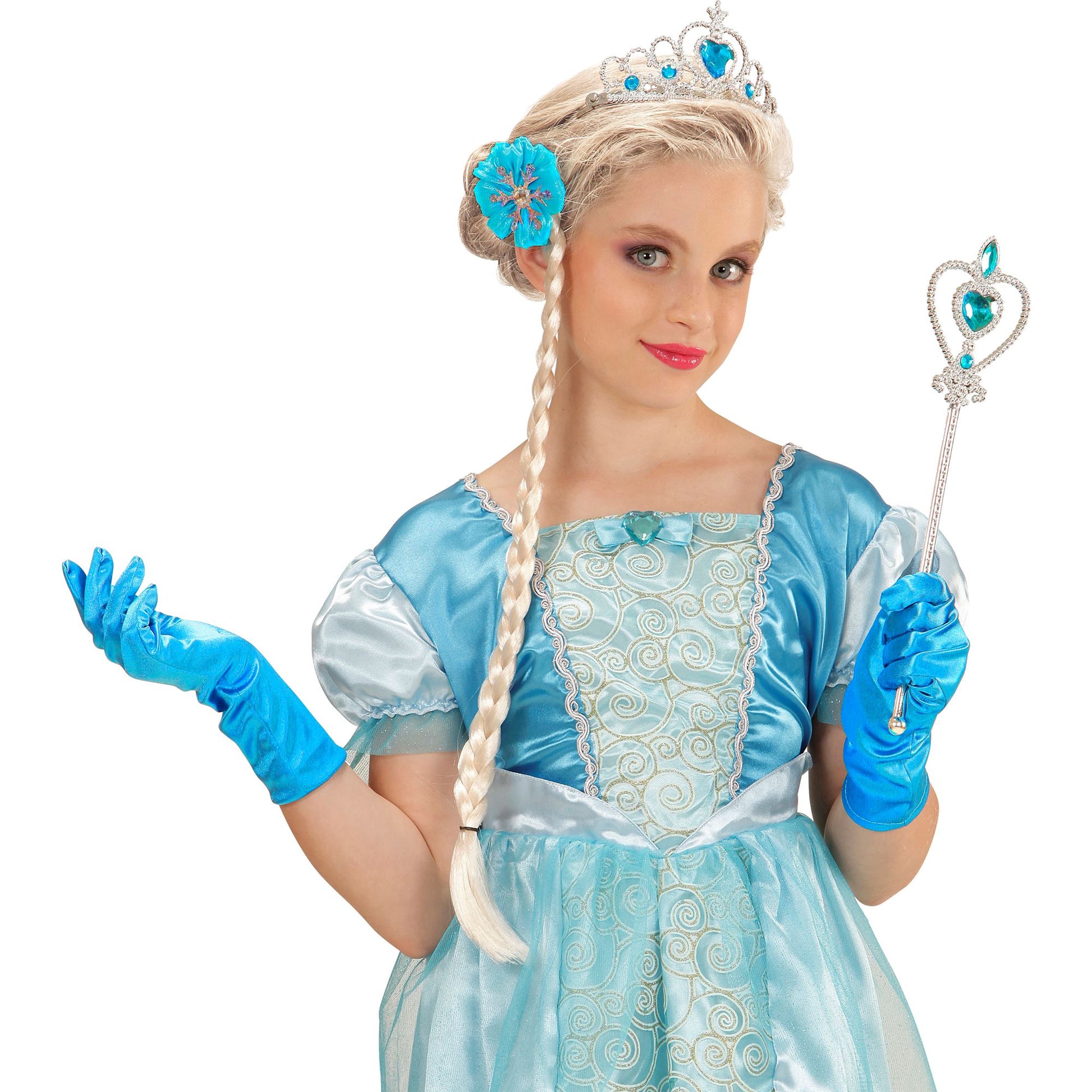 "SET SCHNEEPRINZESSIN" (Tiara, Zopf, Handschuhe, Prinzessinnenstab) – Detailansicht