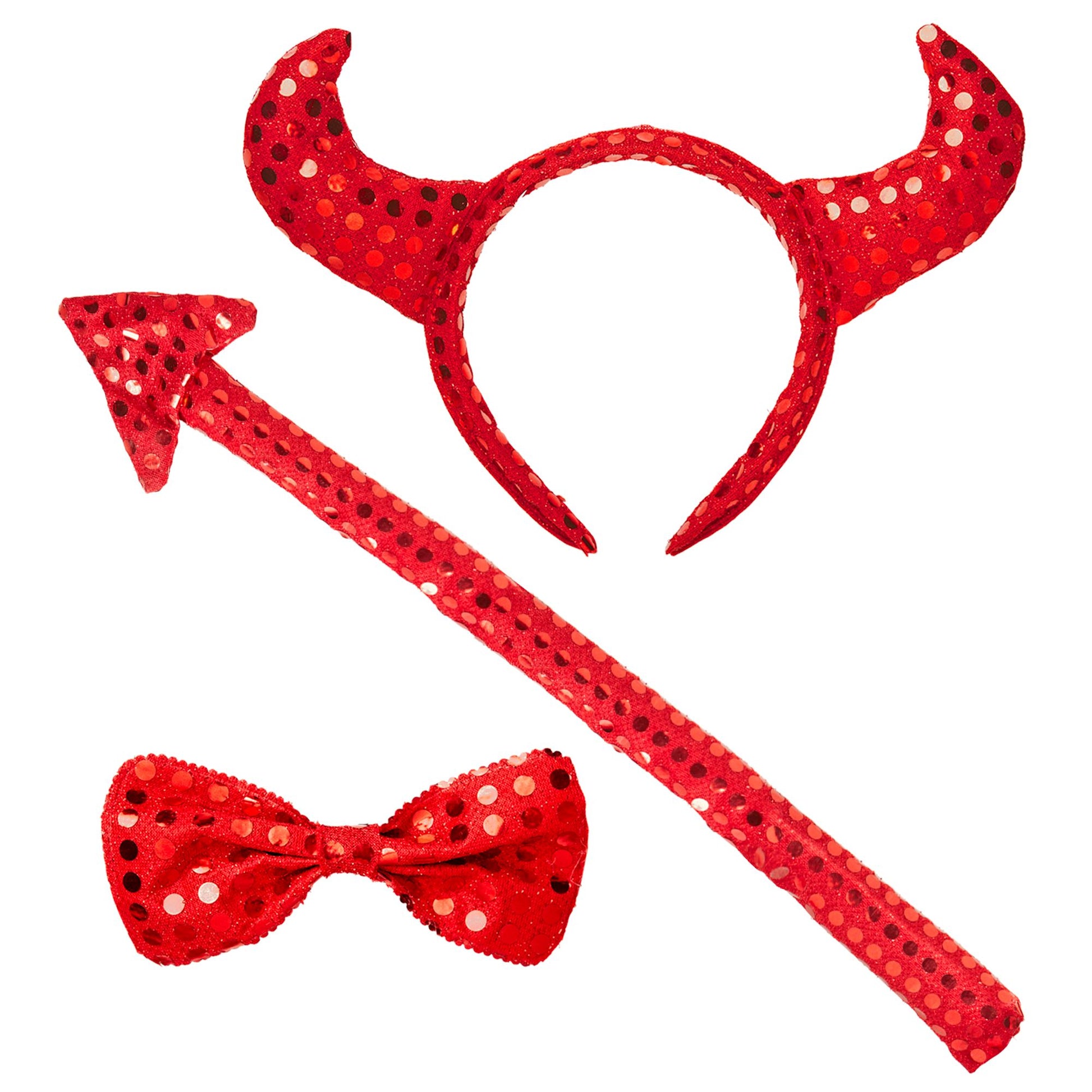 "SET TEUFEL AUS PAILLETTEN" (Hörner, Fliege, Schwanz) – Vorderansicht