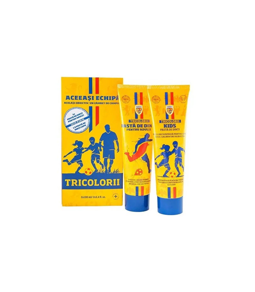 Tricolorii Zahnpasta-Set mit Stain Protection und Kids Whitening, 2 x 100 ml