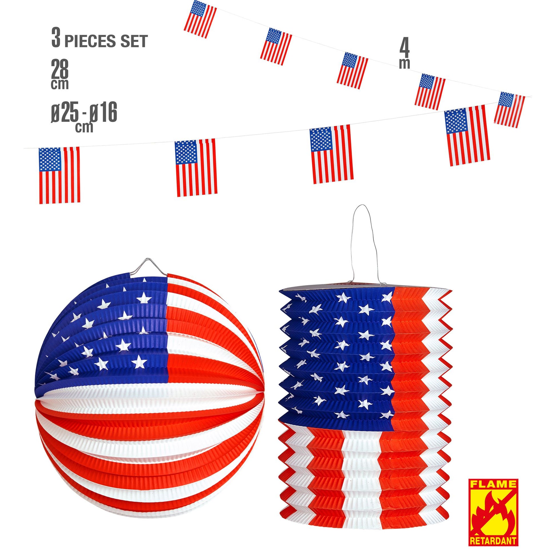 Set "U.S.A. WIMPELKETTE 4m, LAMPION Ø 25 cm & LATERNE Ø 16 cm - h 28 cm" schwer entflammbar – Vorderansicht