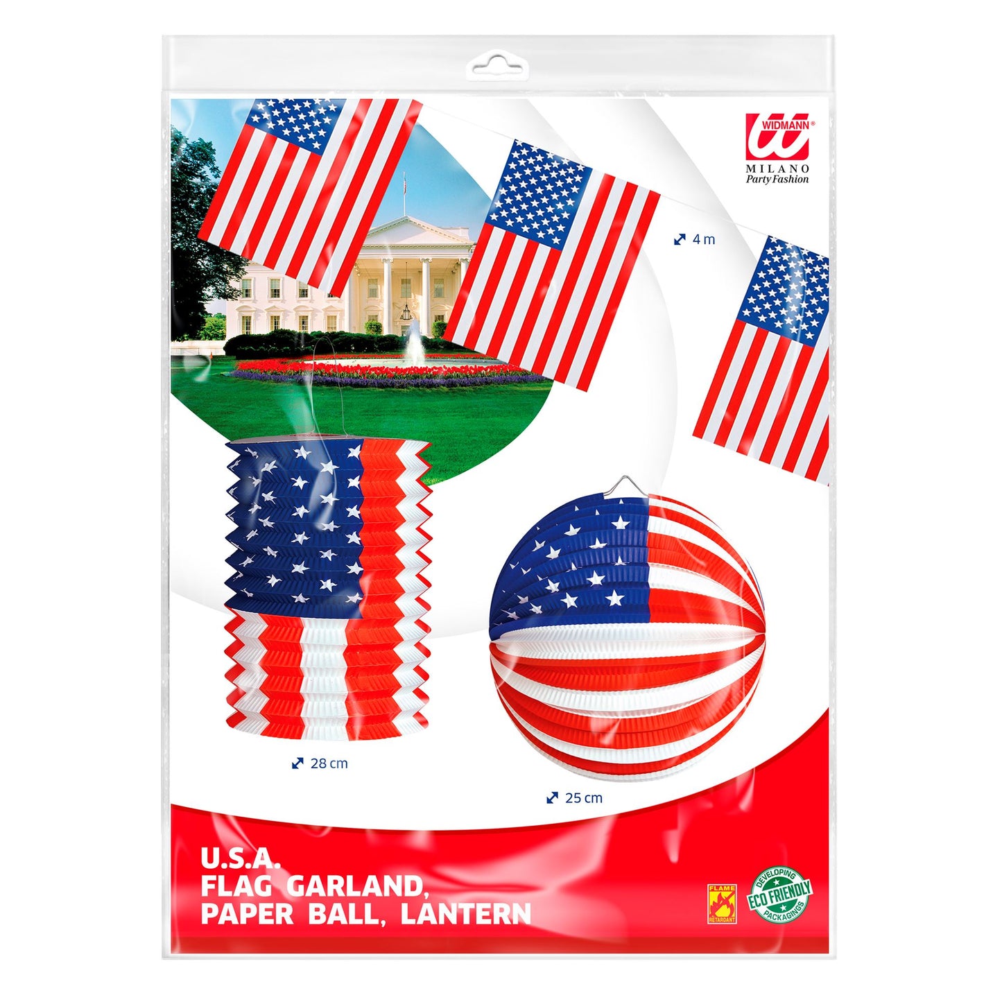 Set "U.S.A. WIMPELKETTE 4m, LAMPION Ø 25 cm & LATERNE Ø 16 cm - h 28 cm" schwer entflammbar – Detailansicht
