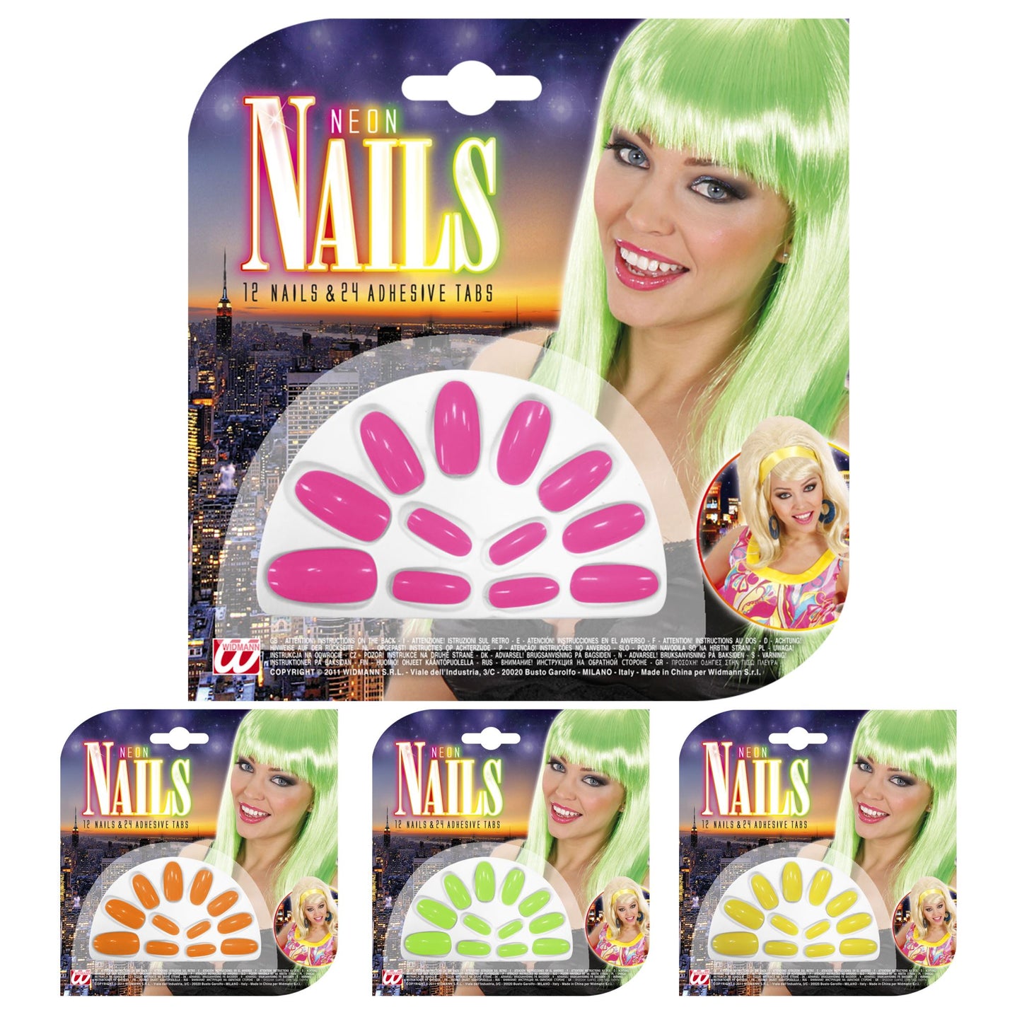"Set von 12 NEON FINGERNÄGELN" mit 24 Klebelaschen - sort. In 4 Farben – Vorderansicht