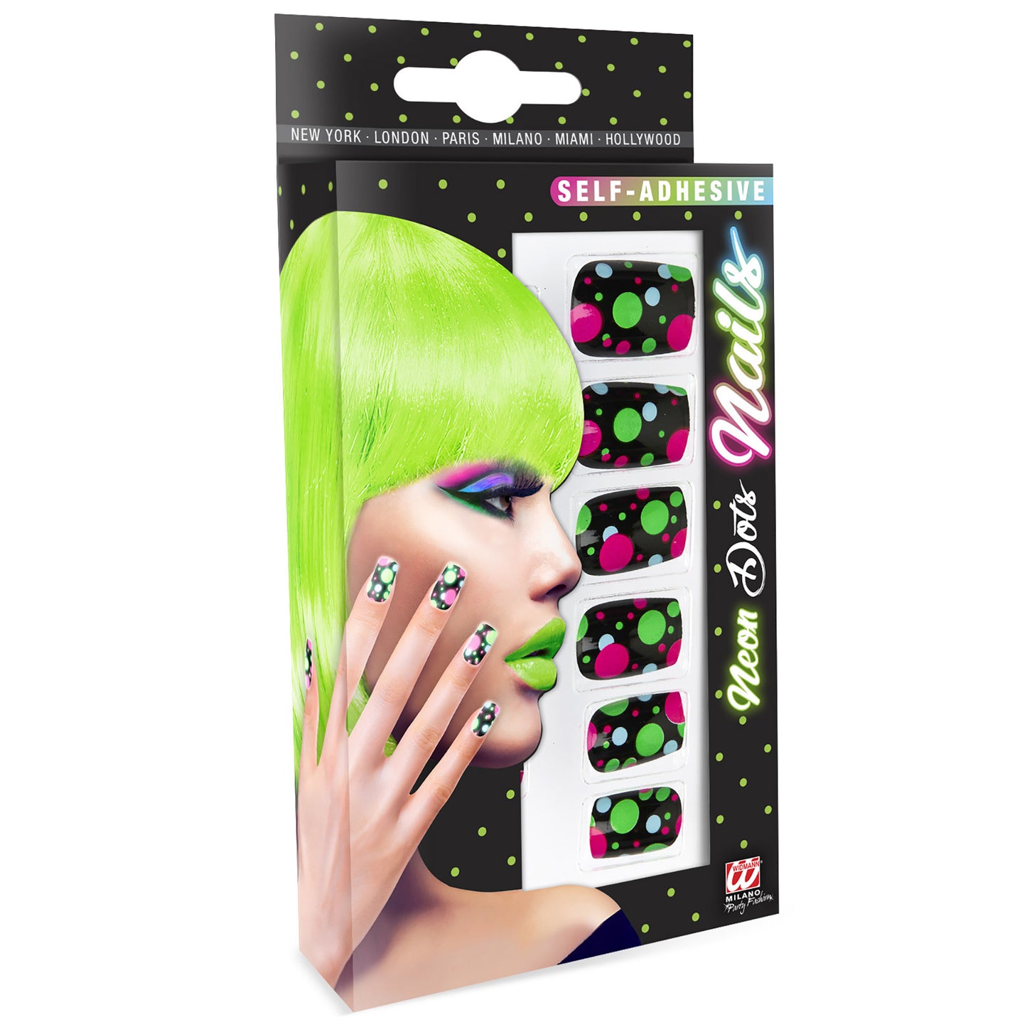 "Set von 12 SELBSTKLEBENDEN FINGERNÄGELN - NEON DOTS" – Vorderansicht