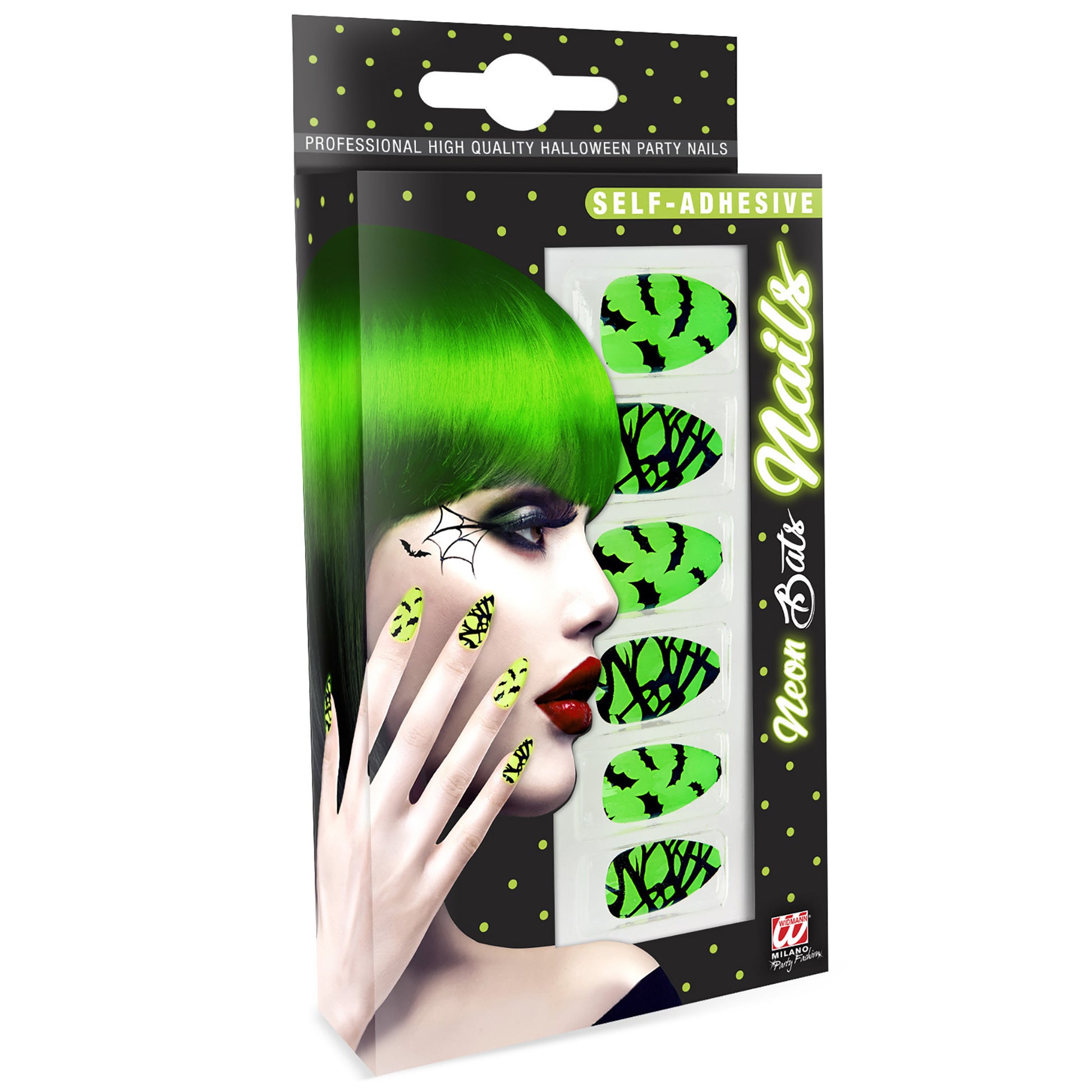 "Set von 12 SELBSTKLEBENDEN FINGERNÄGELN - NEON FLEDERMAUS" – Vorderansicht