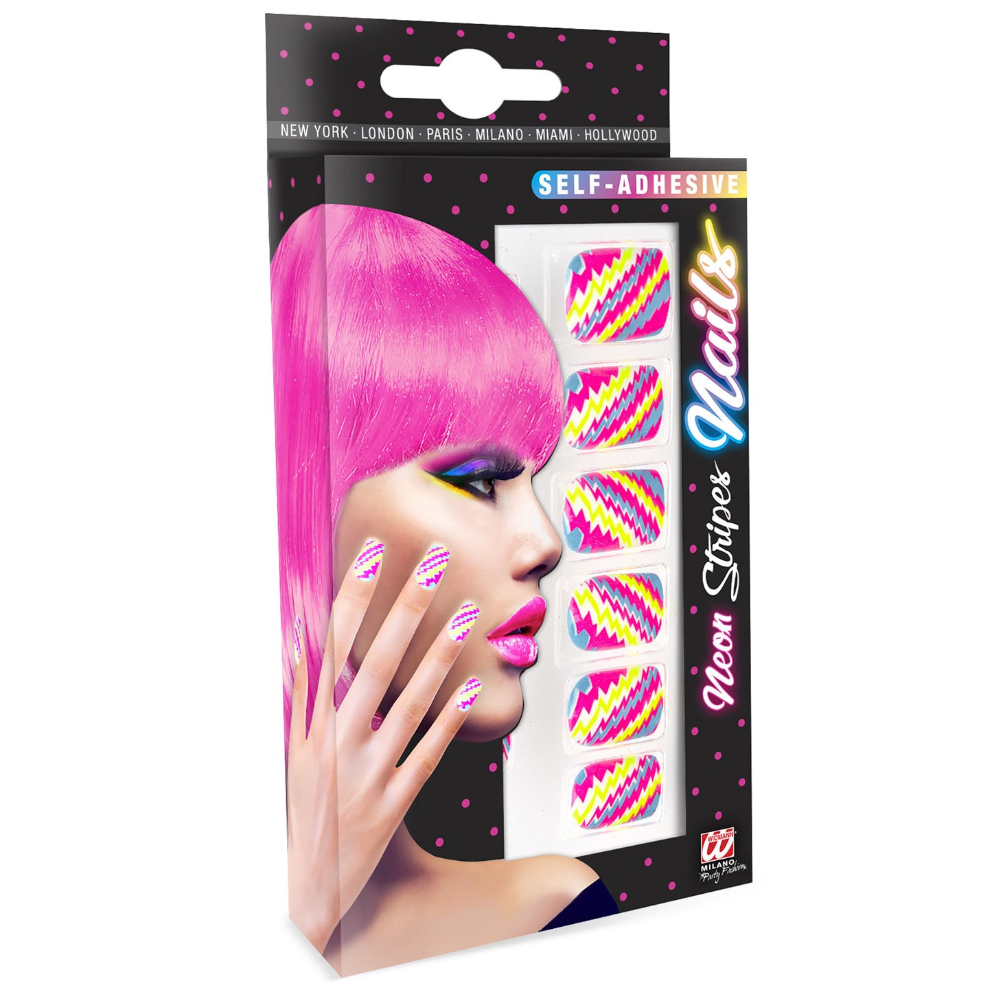 "Set von 12 SELBSTKLEBENDEN FINGERNÄGELN - NEON STIPES" – Vorderansicht