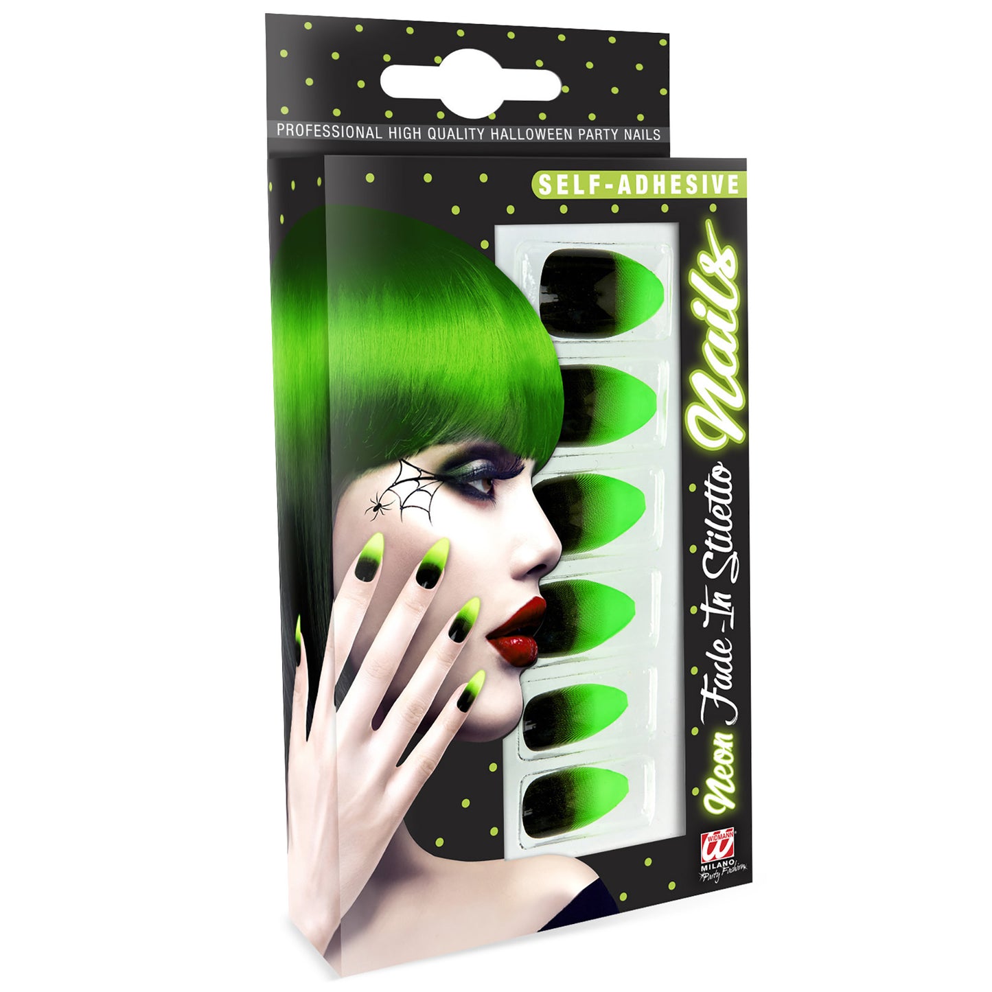 "Set von 12 SELBSTKLEBENDEN FINGERNÄGELN - SCHWARZ UND NEON GRÜN STILETTO" – Vorderansicht