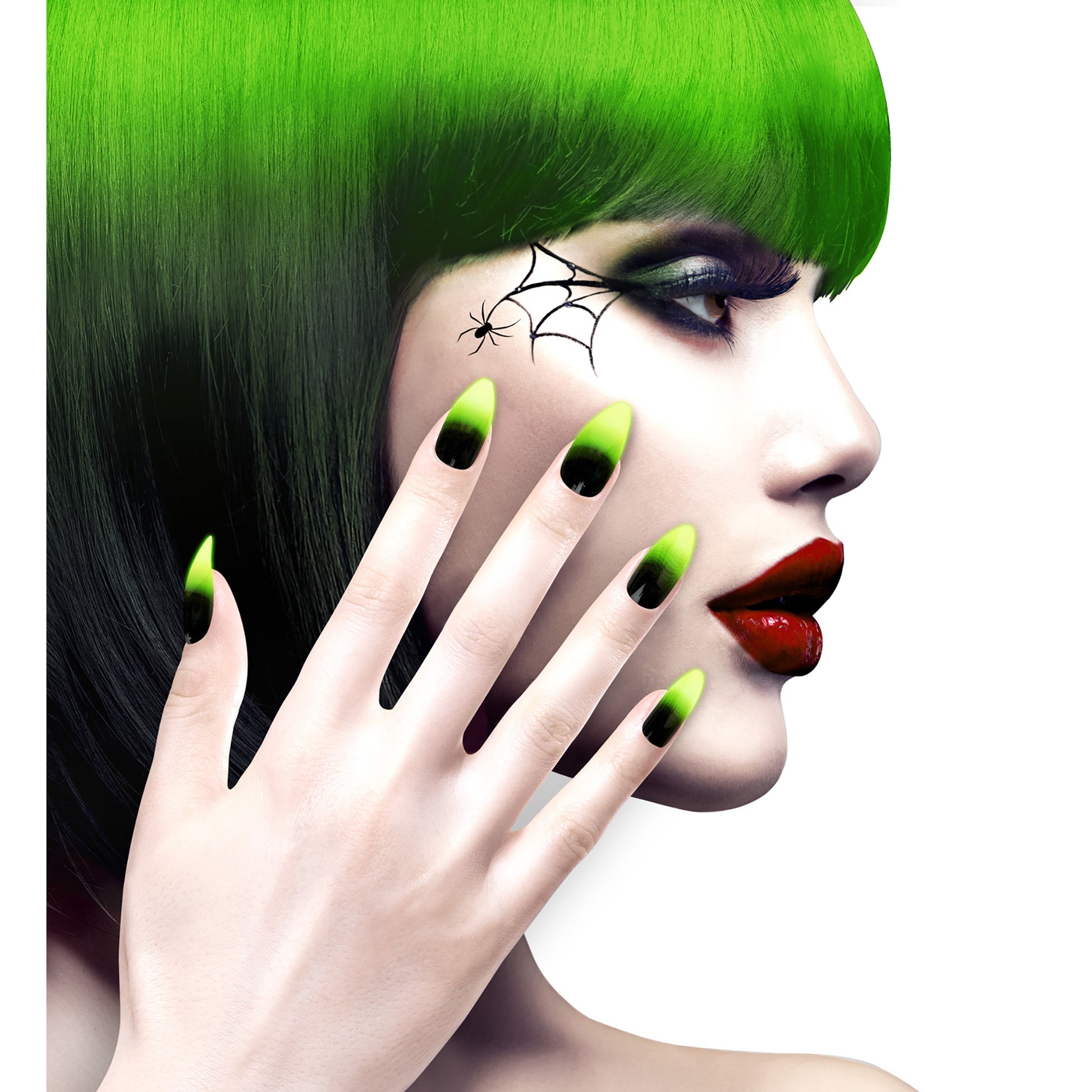 "Set von 12 SELBSTKLEBENDEN FINGERNÄGELN - SCHWARZ UND NEON GRÜN STILETTO" – Ansicht 3