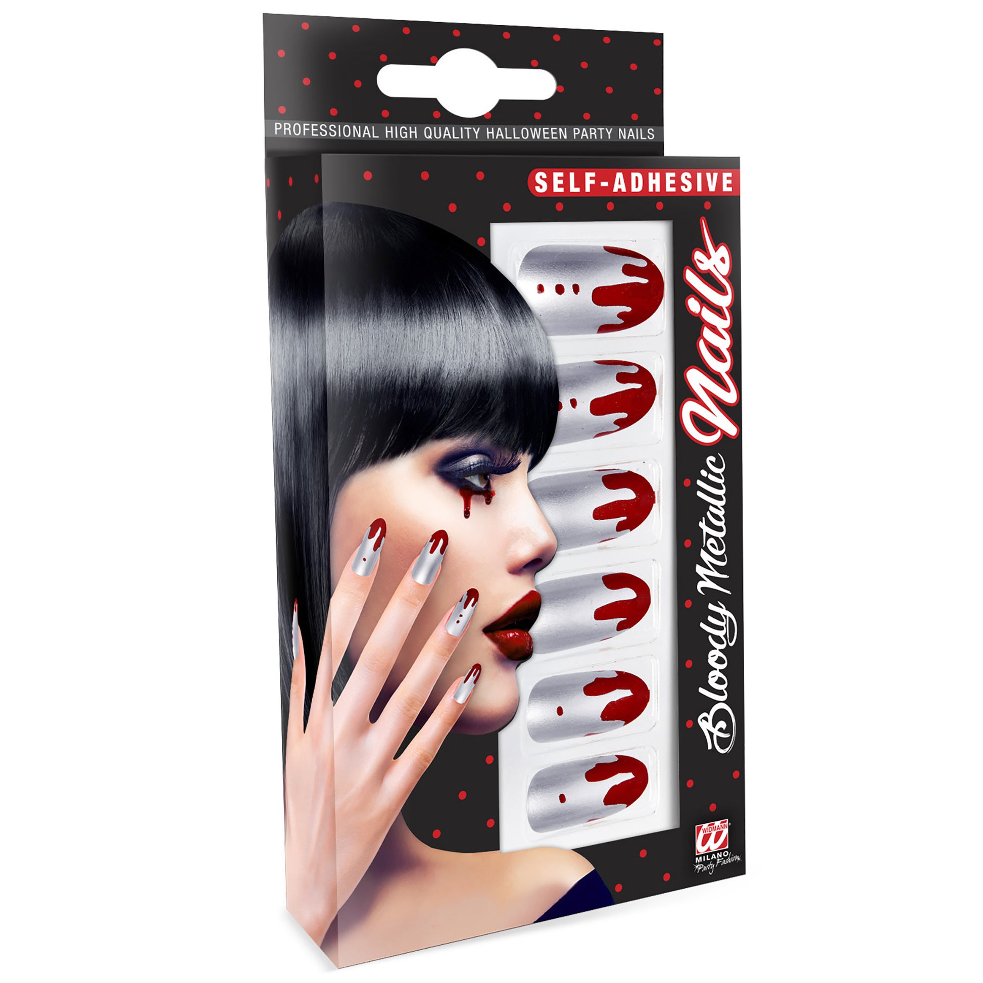 "Set von 12 SELBSTKLEBENDEN FINGERNÄGELN - SILBER METALLIC MIT BLUT" – Vorderansicht