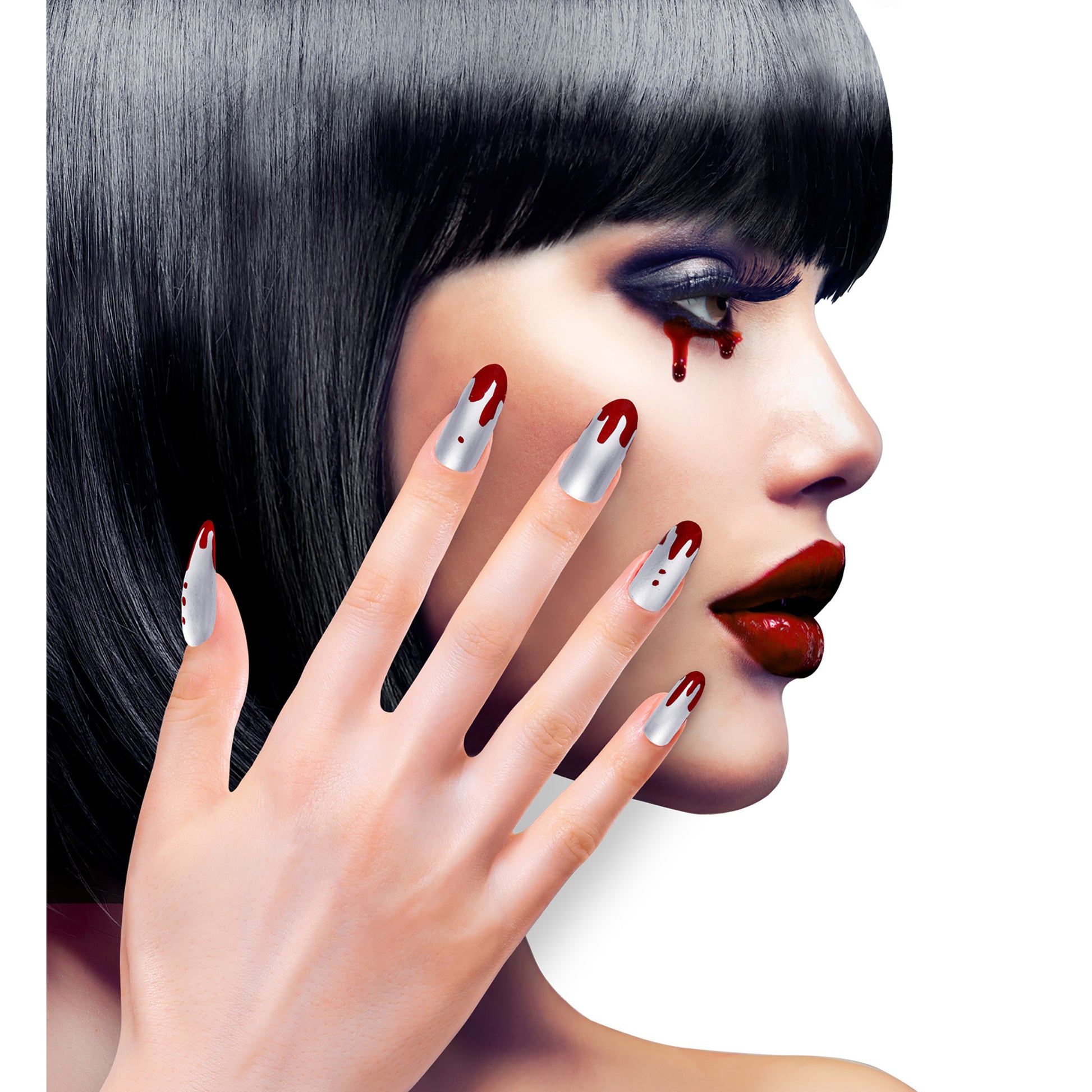 "Set von 12 SELBSTKLEBENDEN FINGERNÄGELN - SILBER METALLIC MIT BLUT" – Ansicht 3