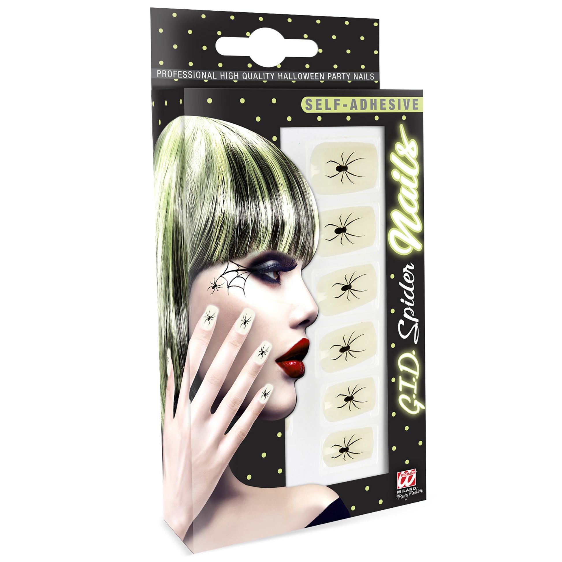"Set von 12 SELBSTKLEBENDEN FINGERNÄGELN - SPINNENMOTIV GLOW IN THE DARK" – Vorderansicht